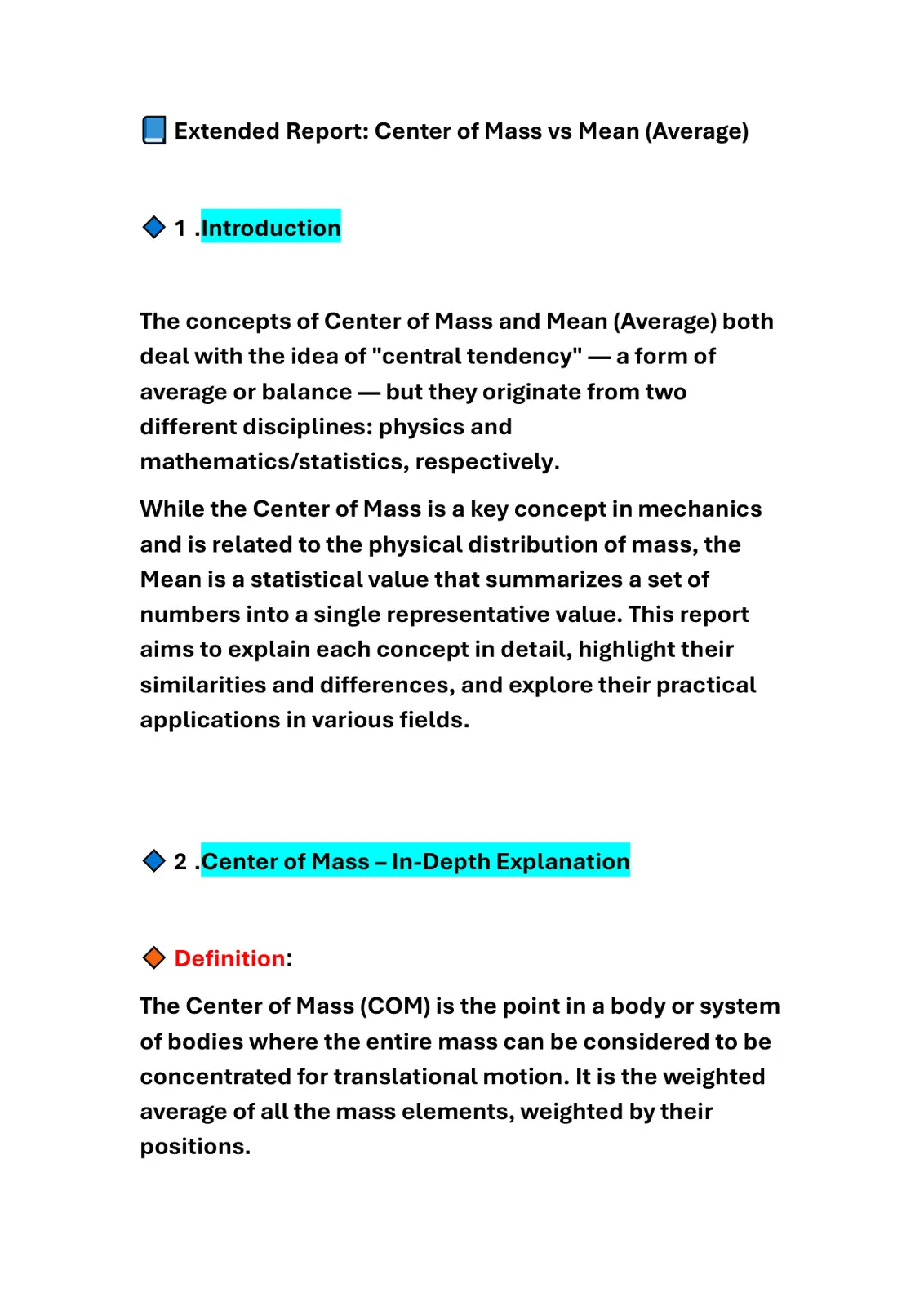 غلاف تقرير Extended Report: Center of Mass vs Mean (Average)