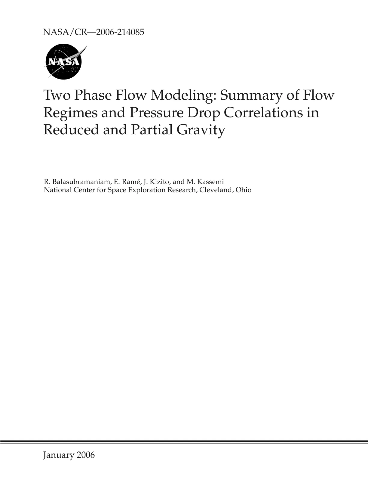 غلاف تقرير Two Phase Flow Modeling: Summary of Flow Regimes and Pressure Drop Correlations in Reduced and Partial Gravity
