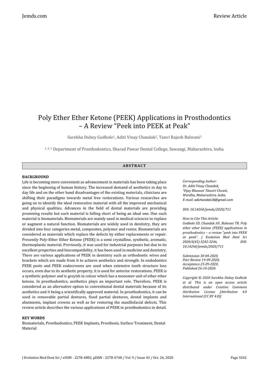 غلاف تقرير Poly Ether Ether Ketone (PEEK) Applications in Prosthodontics - A Review "Peek into PEEK at Peak"