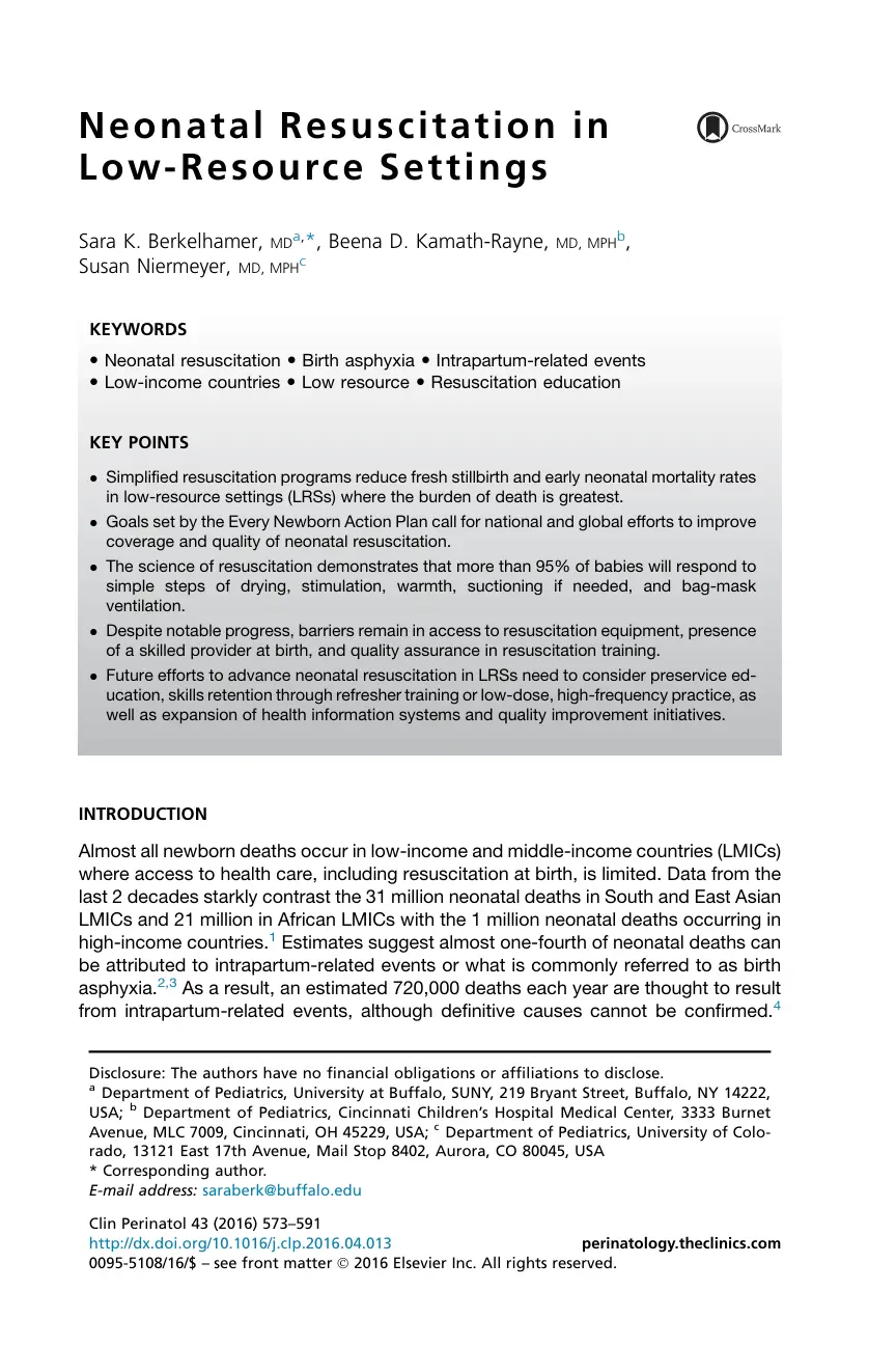 غلاف تقرير Neonatal Resuscitation in Low-Resource Settings