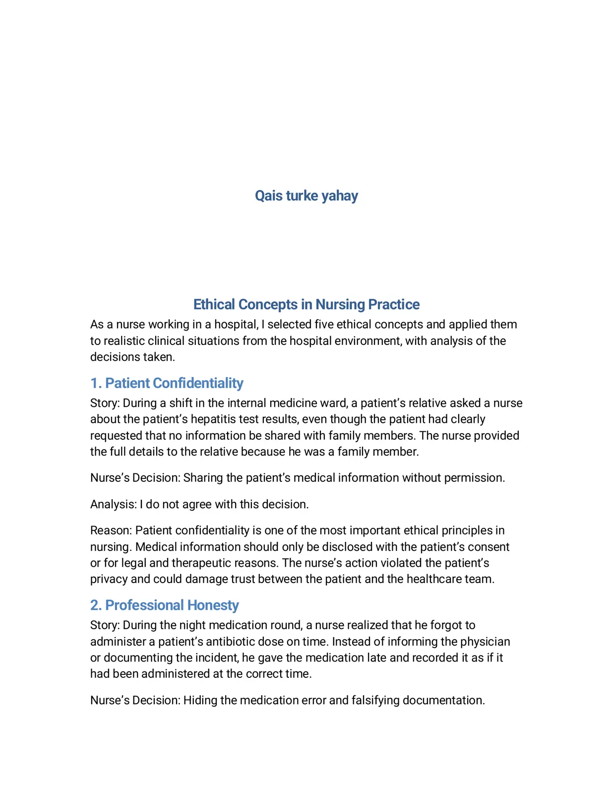 غلاف تقرير Ethical Concepts in Nursing Practice