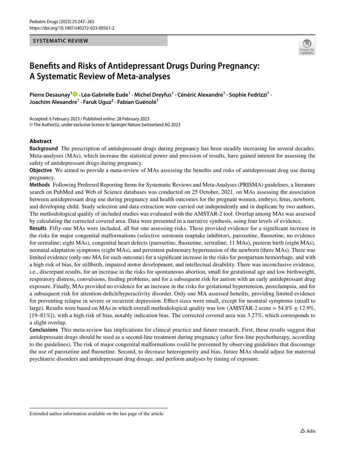 غلاف تقرير Benefits and Risks of Antidepressant Drugs During Pregnancy: A Systematic Review of Meta-Analyses
