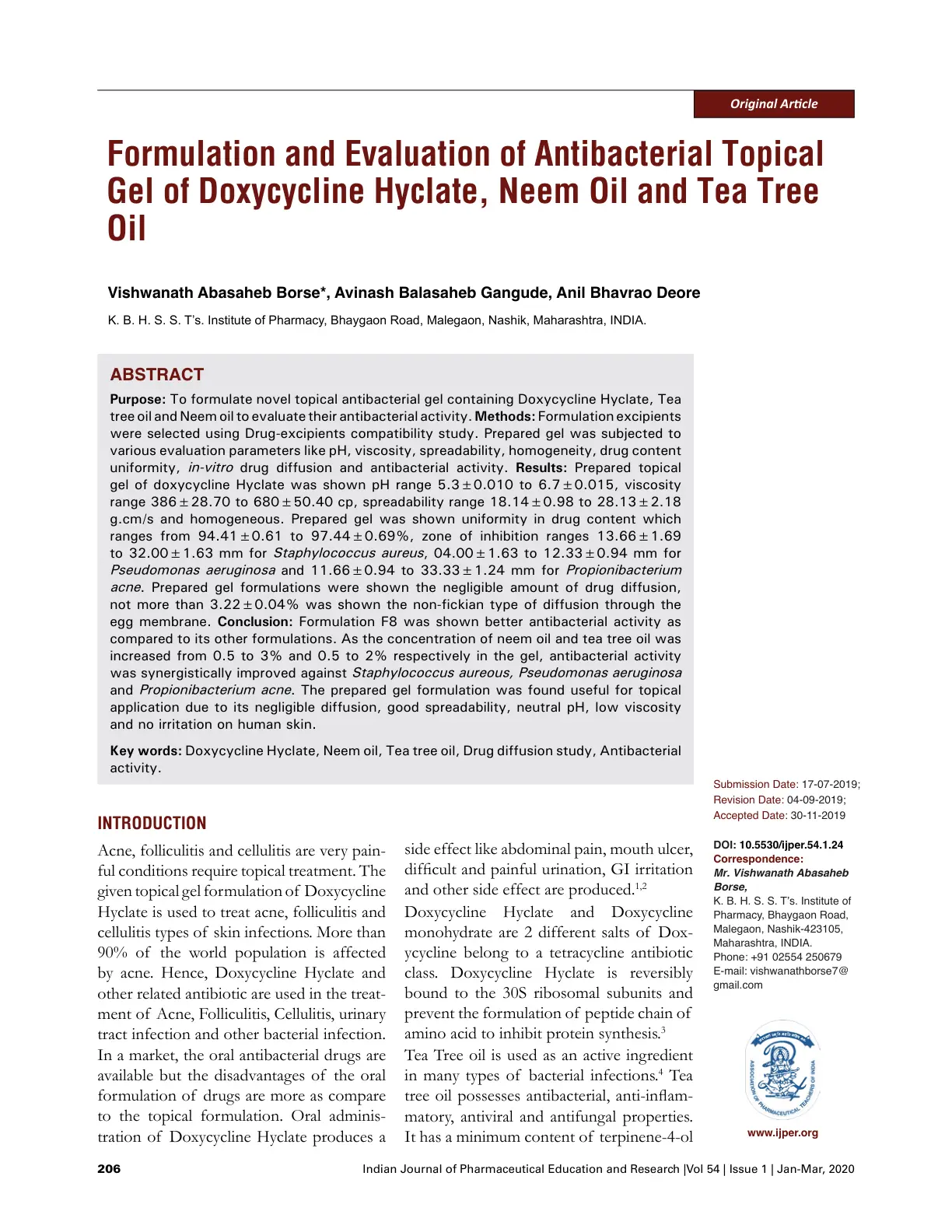 غلاف تقرير Formulation and Evaluation of Antibacterial Topical Gel of Doxycycline Hyclate, Neem Oil and Tea Tree Oil