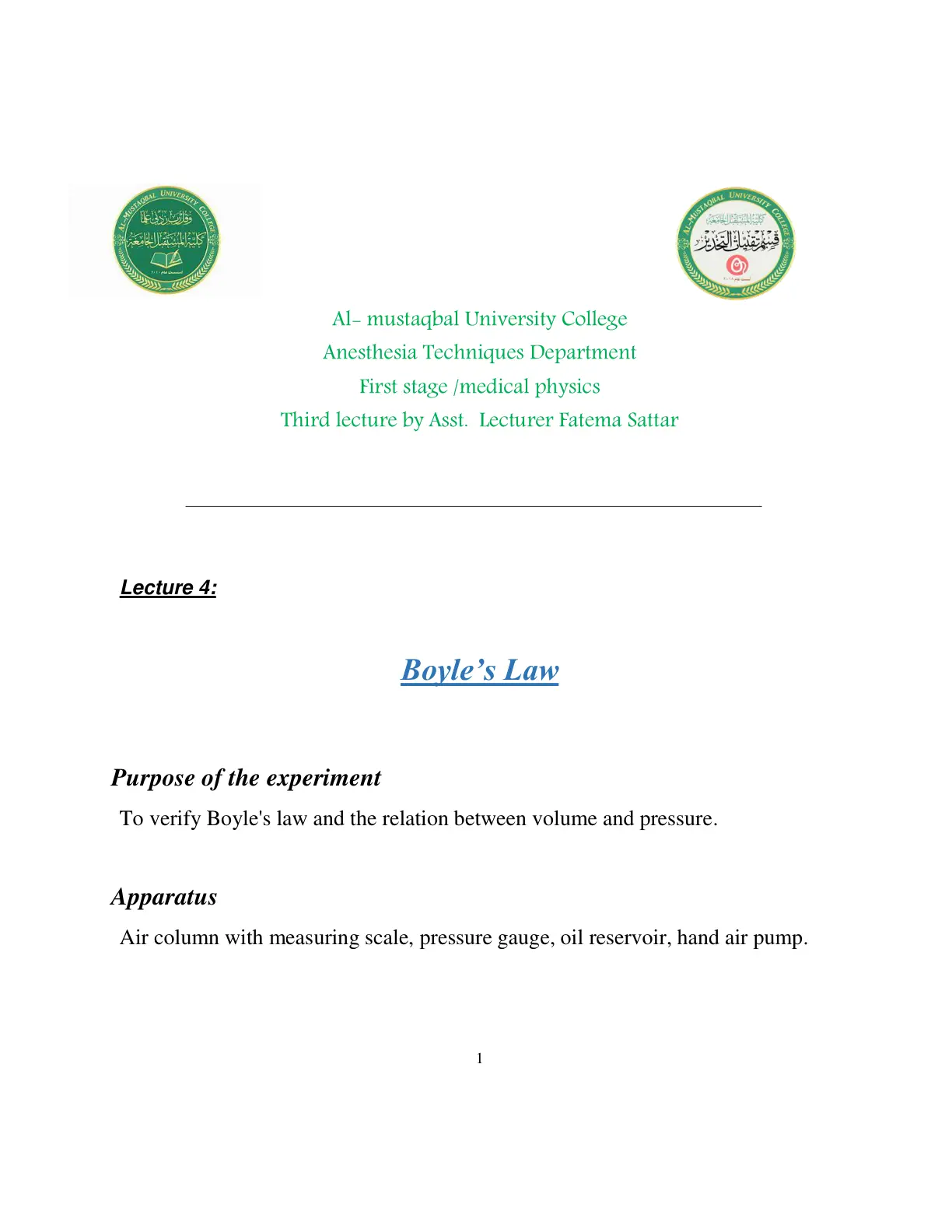 غلاف تقرير Lecture 4: Boyle's Law