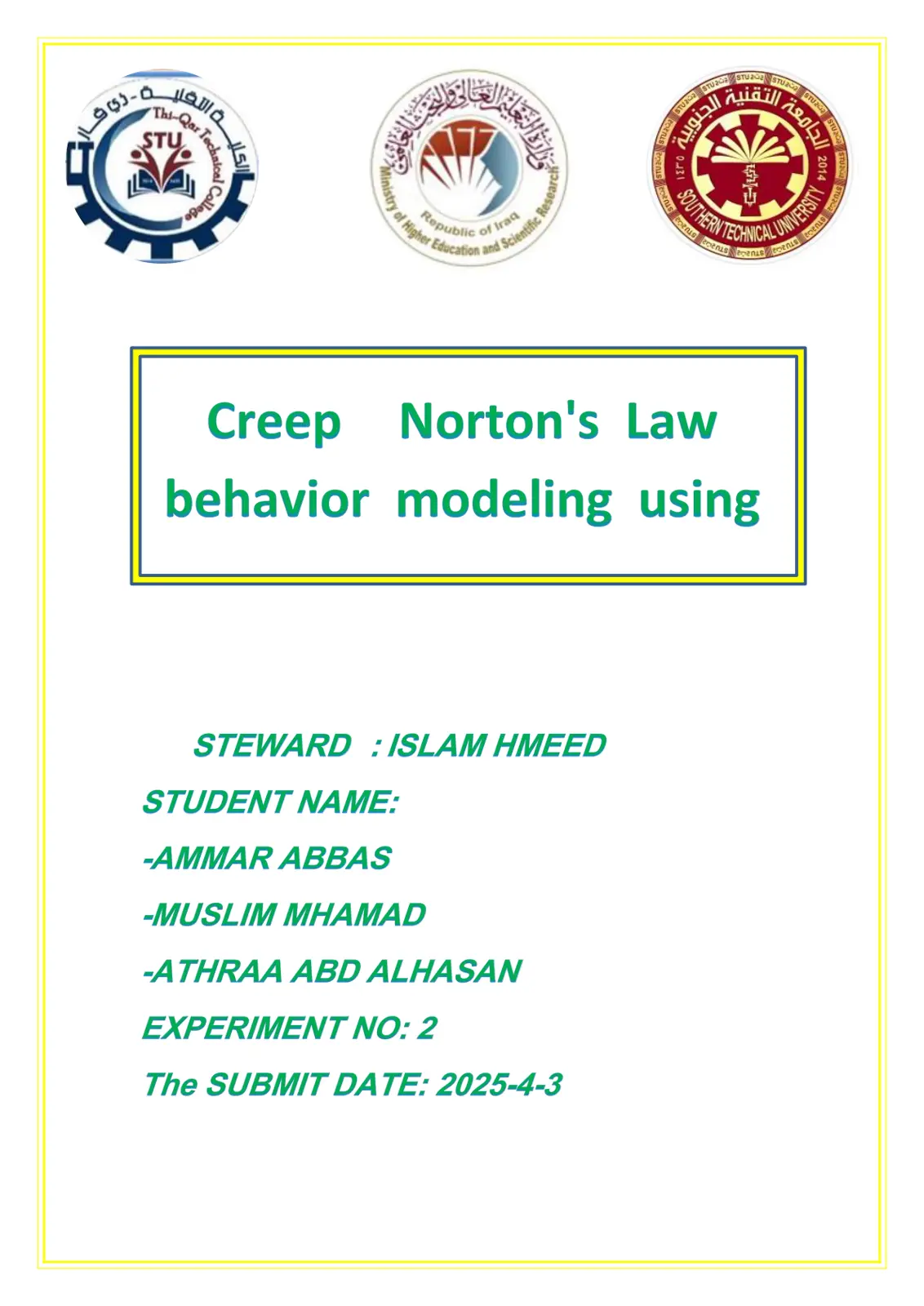 غلاف تقرير Creep Norton's Law behavior modeling