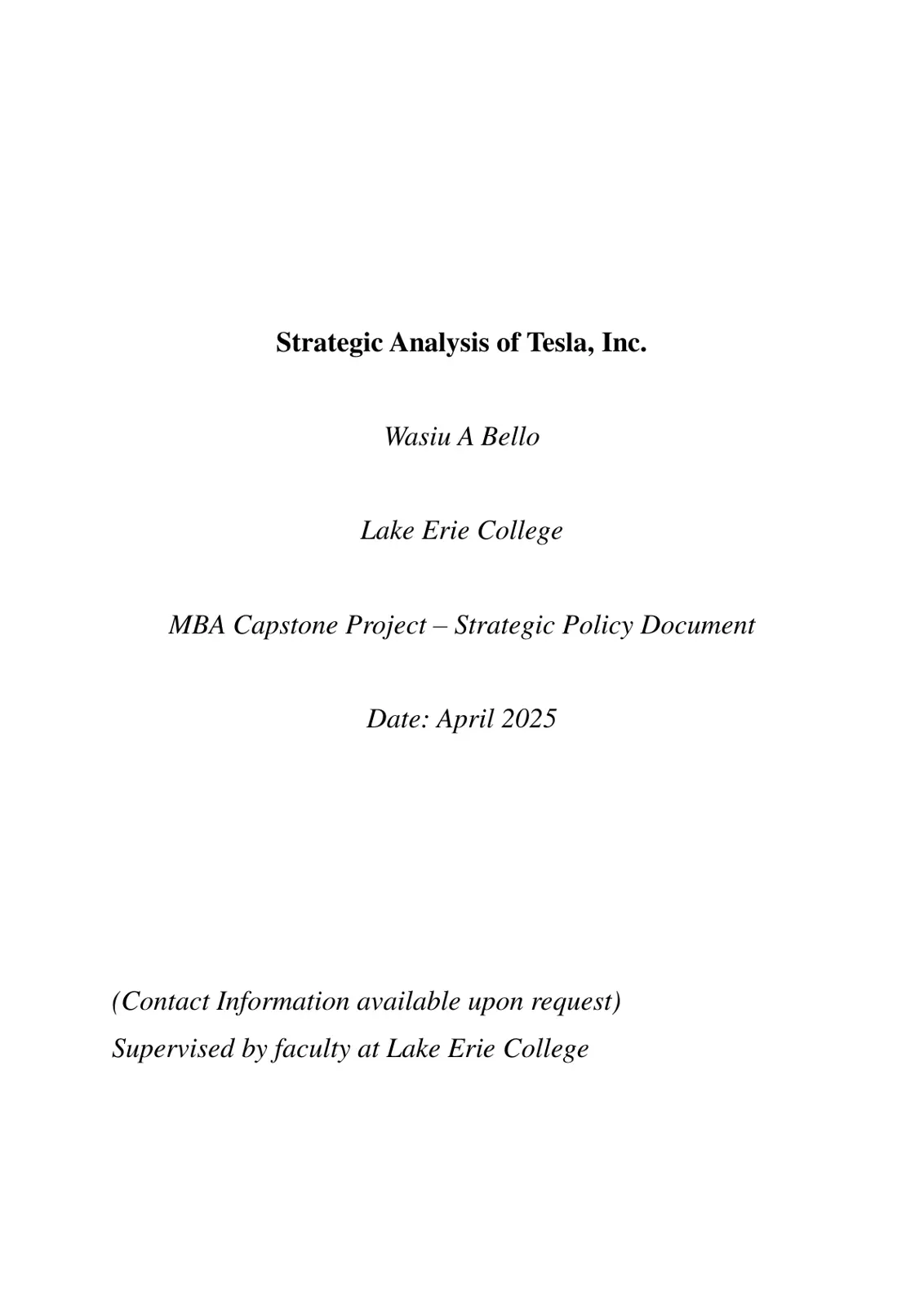 غلاف تقرير Strategic Analysis of Tesla, Inc.