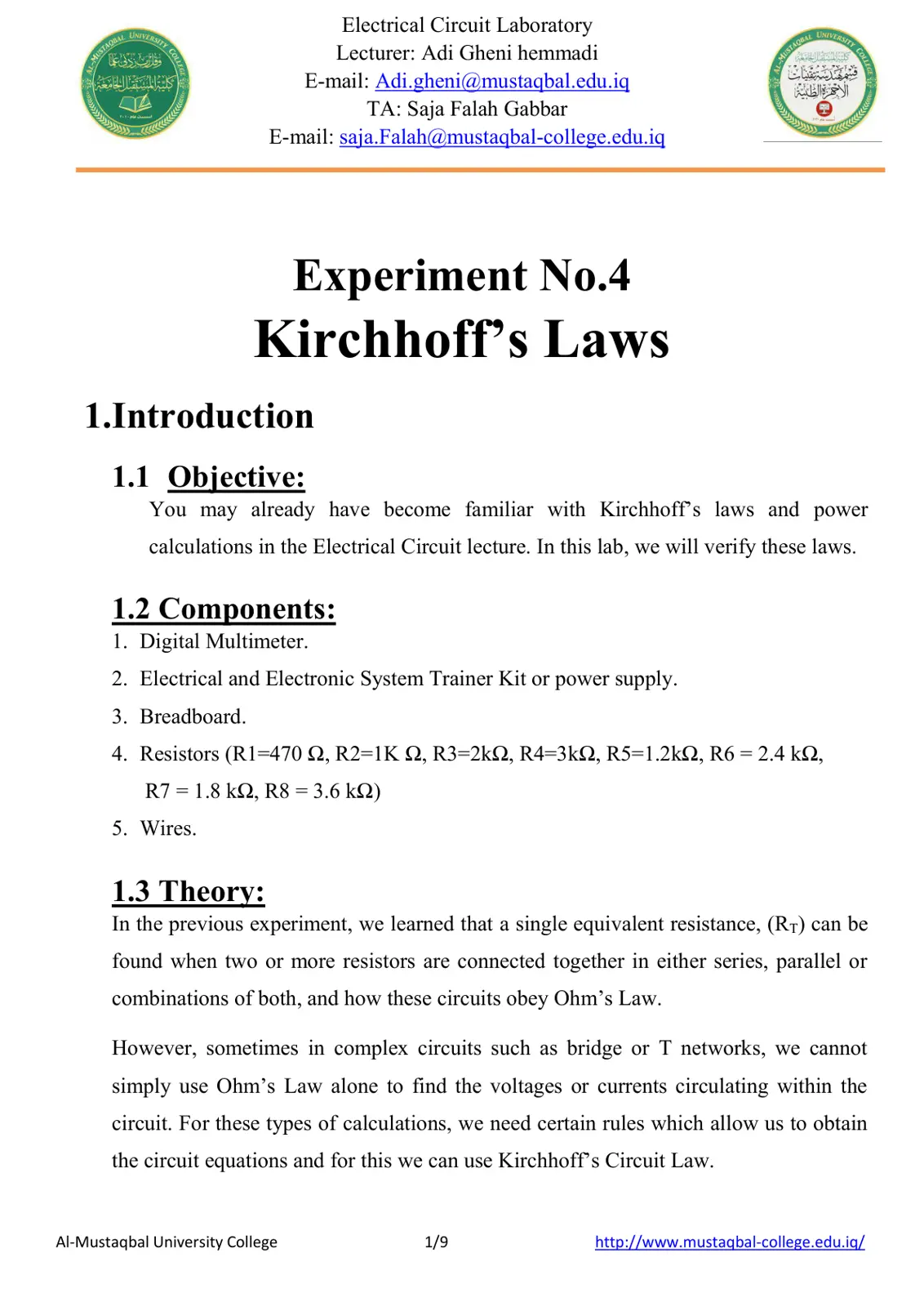 غلاف تقرير Electrical Circuit Laboratory - Kirchhoff's Laws
