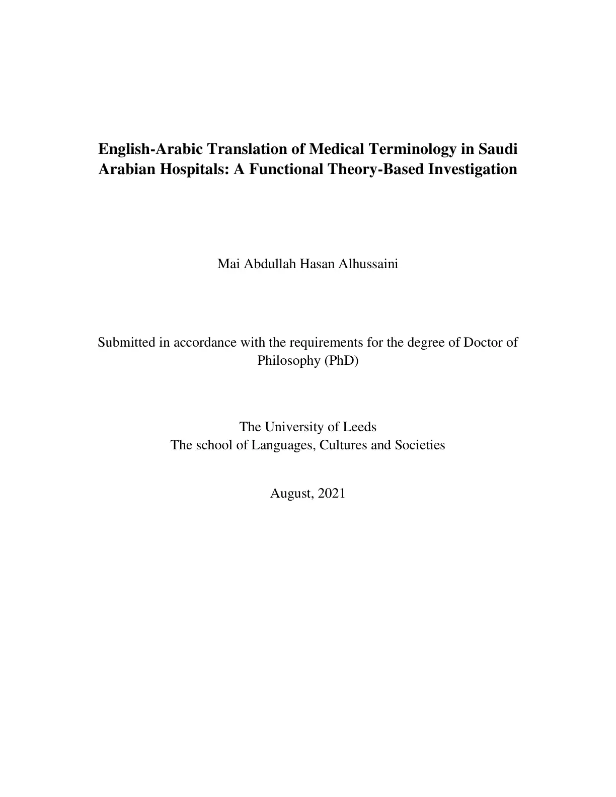 غلاف تقرير English-Arabic Translation of Medical Terminology in Saudi Arabian Hospitals: A Functional Theory-Based Investigation