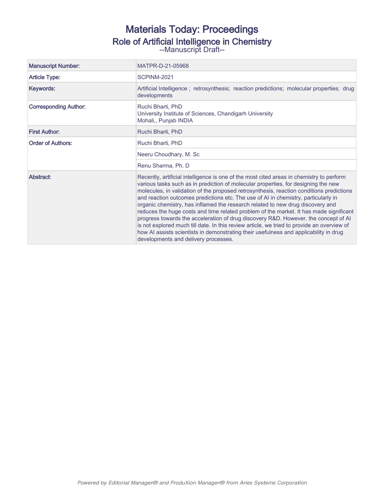 غلاف تقرير Role of Artificial Intelligence in Chemistry