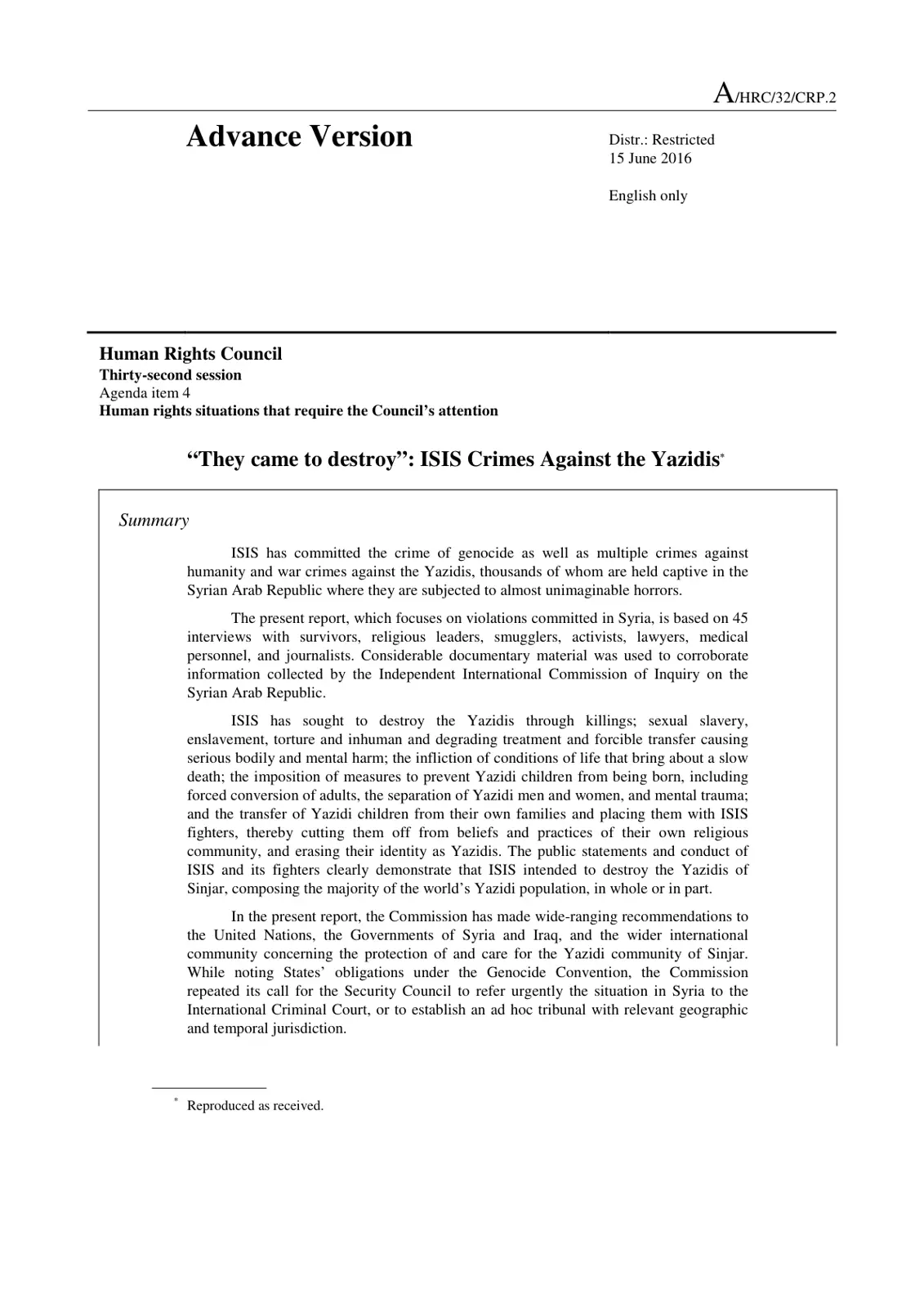 غلاف تقرير "They came to destroy": ISIS Crimes Against the Yazidis