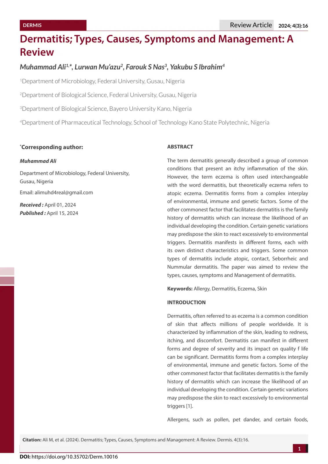 غلاف تقرير Dermatitis: Types, Causes, Symptoms and Management: A Review