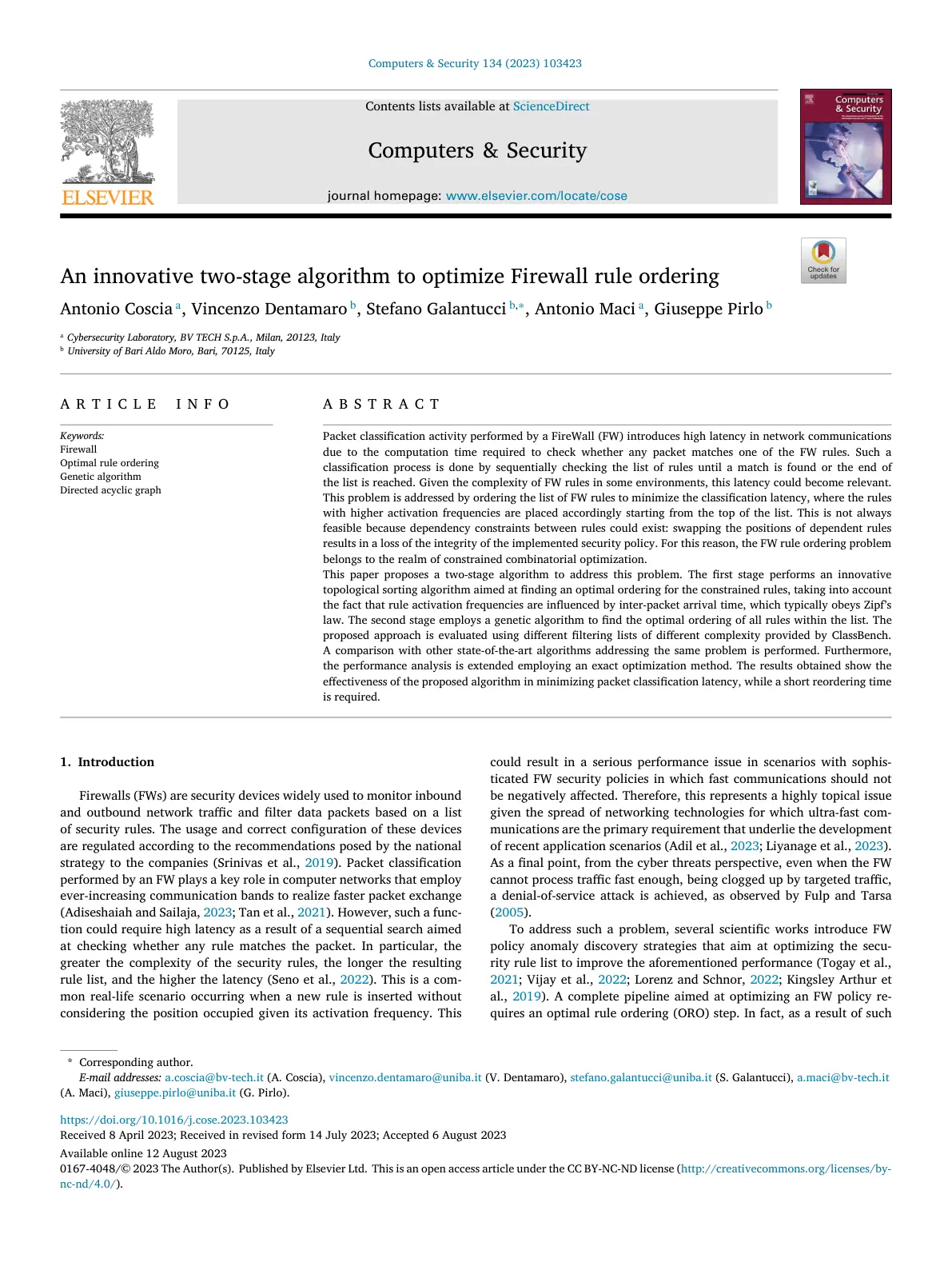 غلاف تقرير An innovative two-stage algorithm to optimize Firewall rule ordering