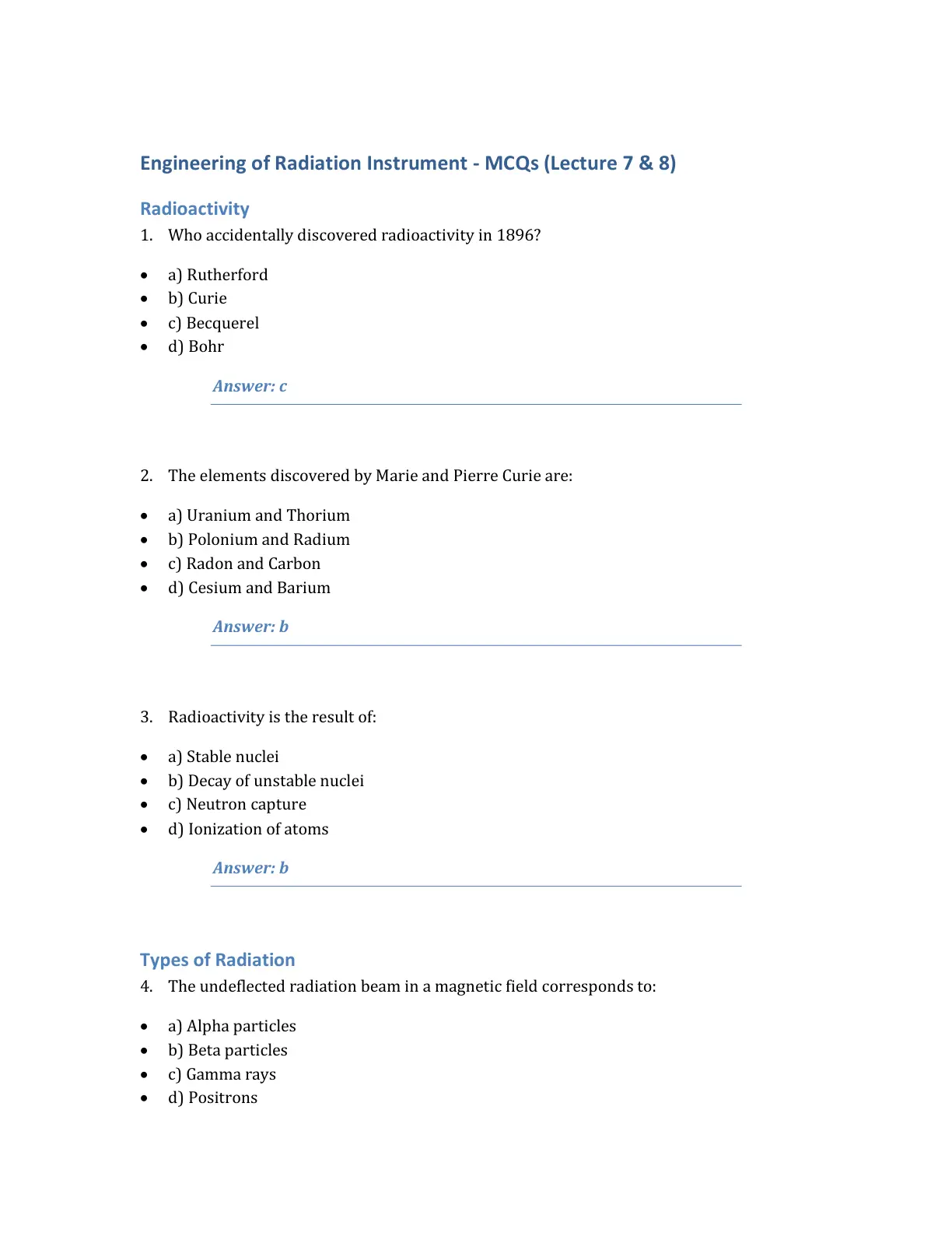 غلاف تقرير Engineering of Radiation Instrument – MCQs (Lecture 7 & 8)