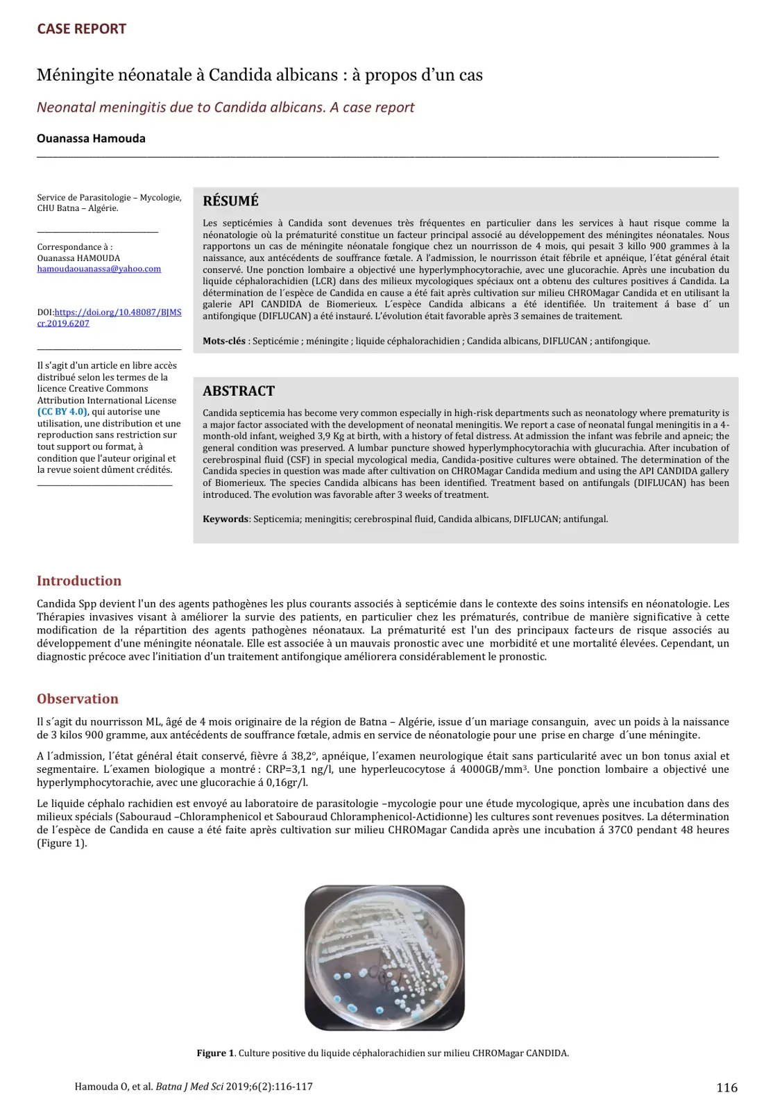 غلاف تقرير Meningite néonatale à Candida albicans: à propos d'un cas / Neonatal meningitis due to Candida albicans. A case report