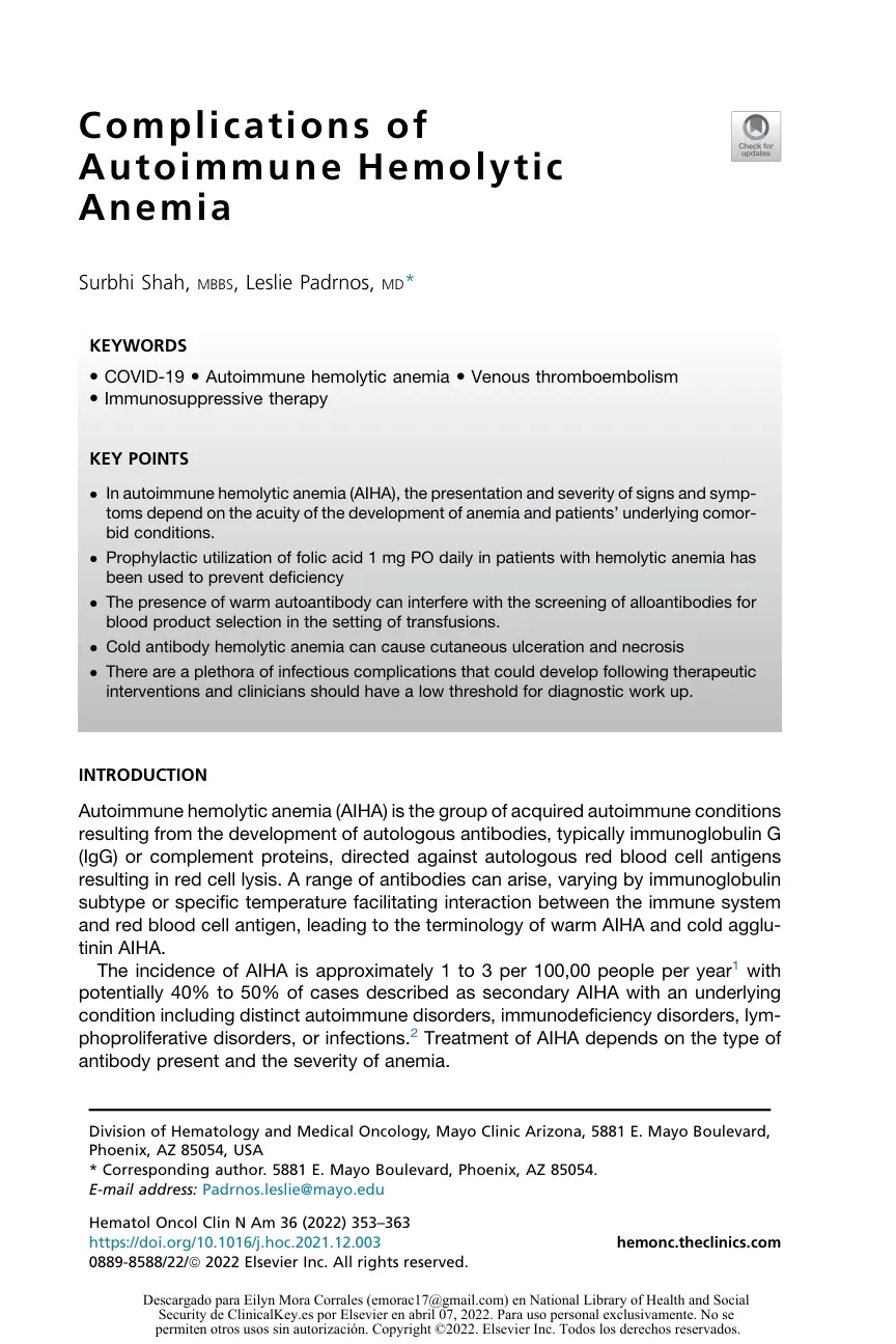 غلاف تقرير Complications of Autoimmune Hemolytic Anemia