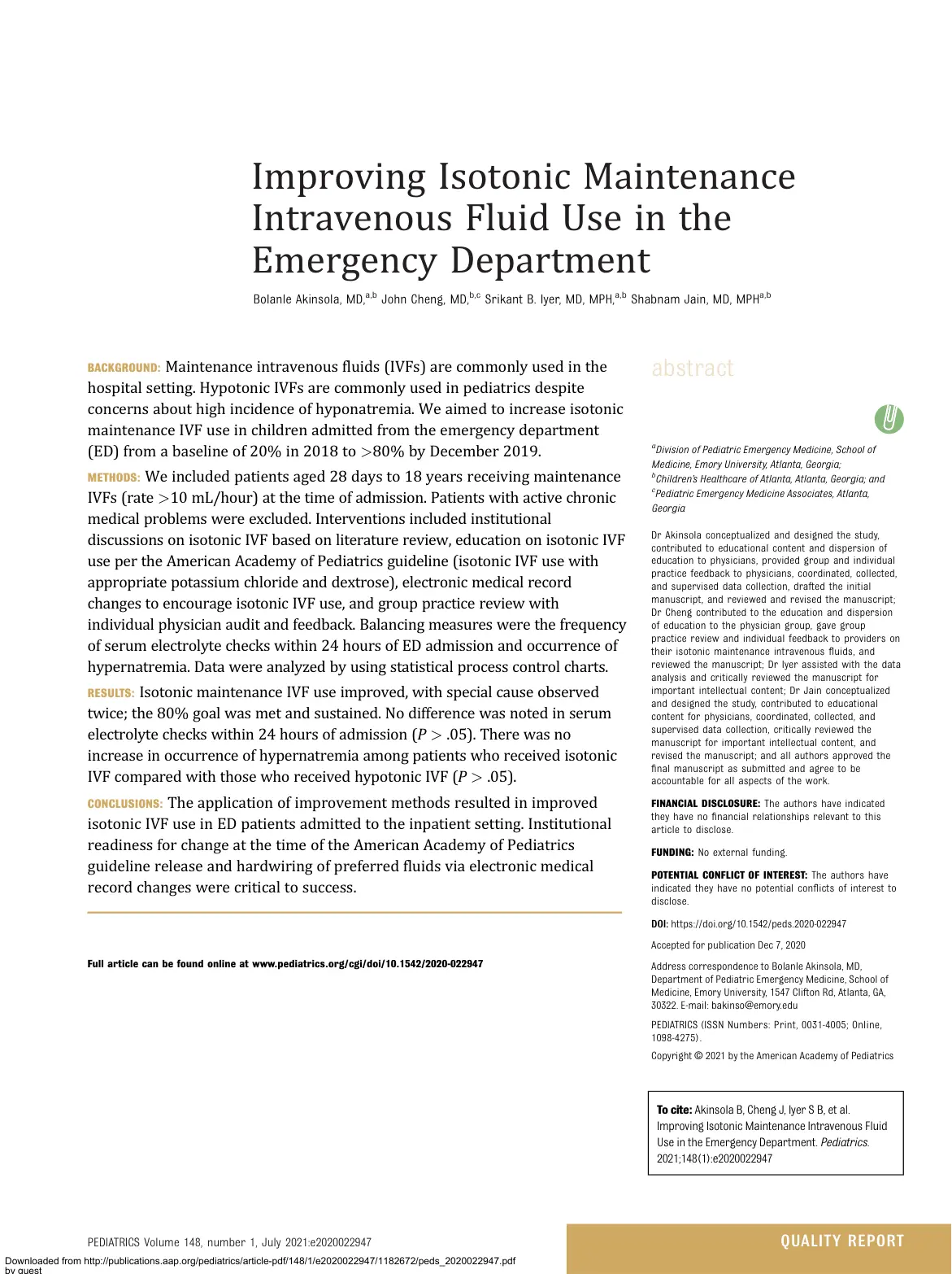 غلاف تقرير Improving Isotonic Maintenance Intravenous Fluid Use in the Emergency Department