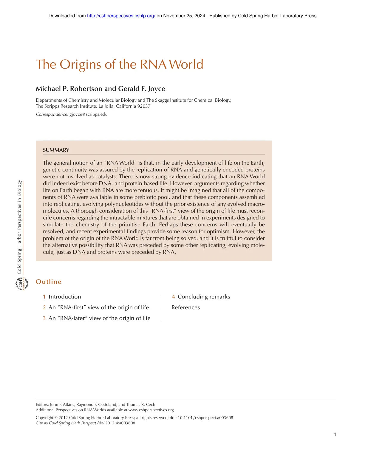 غلاف تقرير The Origins of the RNA World