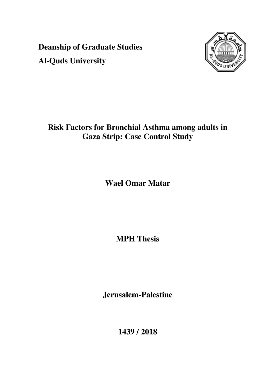 غلاف تقرير Risk Factors for Bronchial Asthma among adults in Gaza Strip: Case Control Study