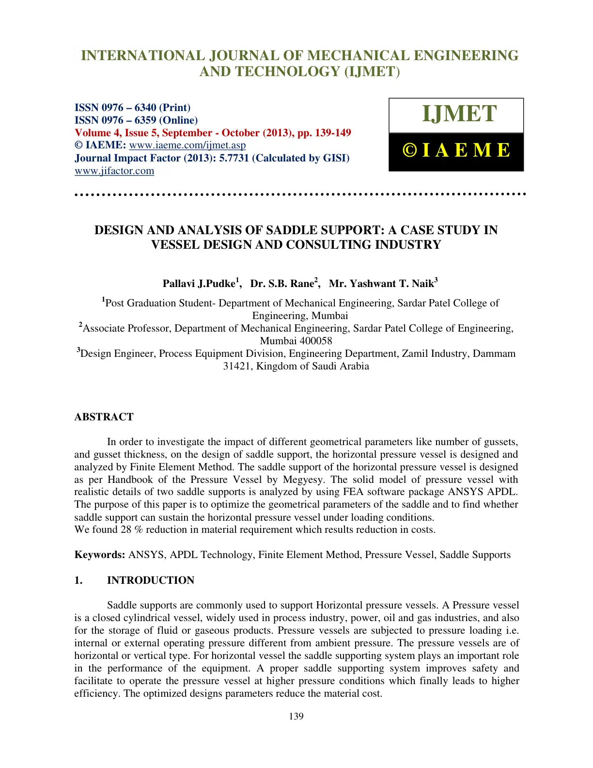 غلاف تقرير Design and Analysis of Saddle Support: A Case Study in Vessel Design and Consulting Industry