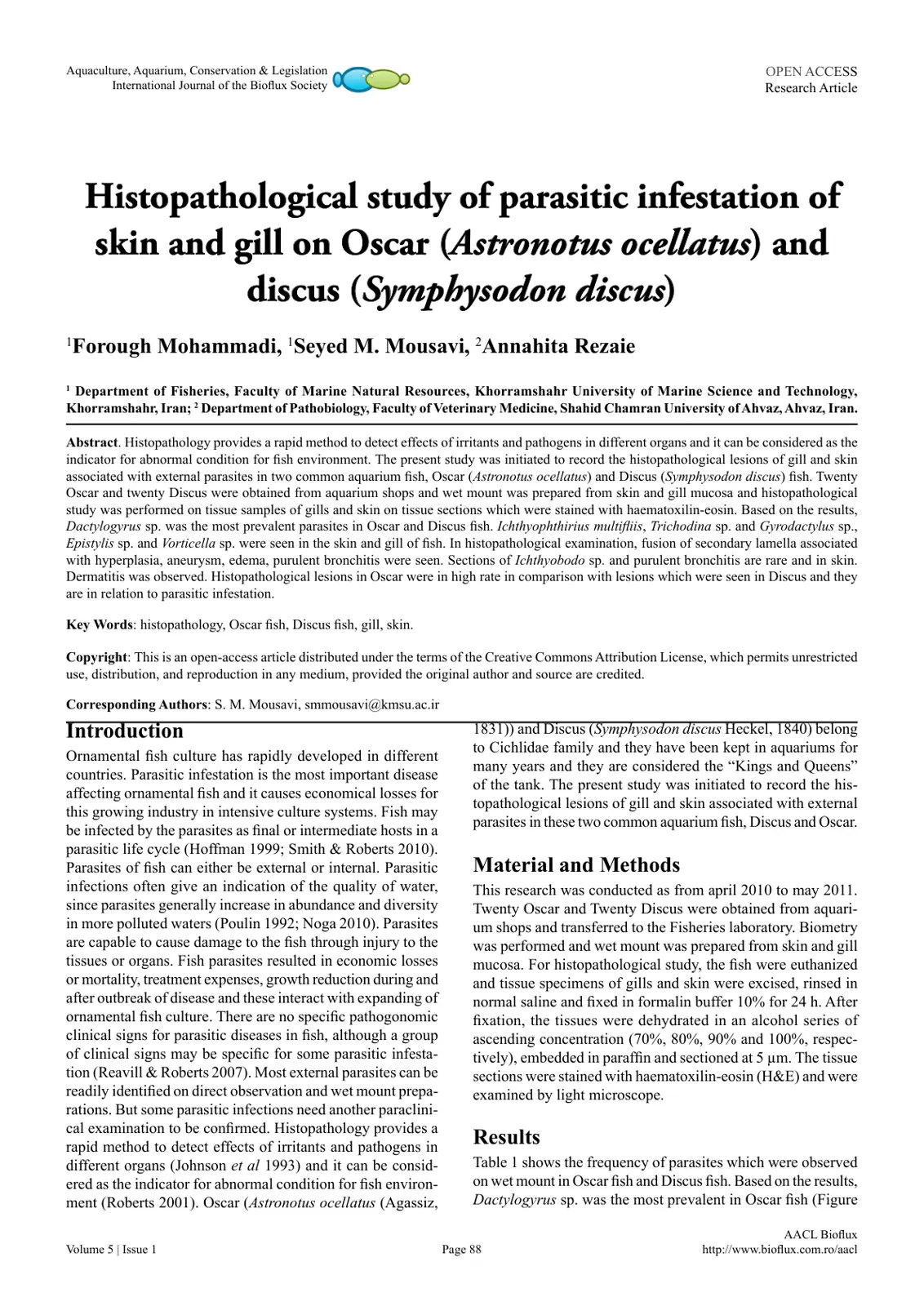 غلاف تقرير Histopathological study of parasitic infestation of skin and gill on Oscar (Astronotus ocellatus) and discus (Symphysodon discus)