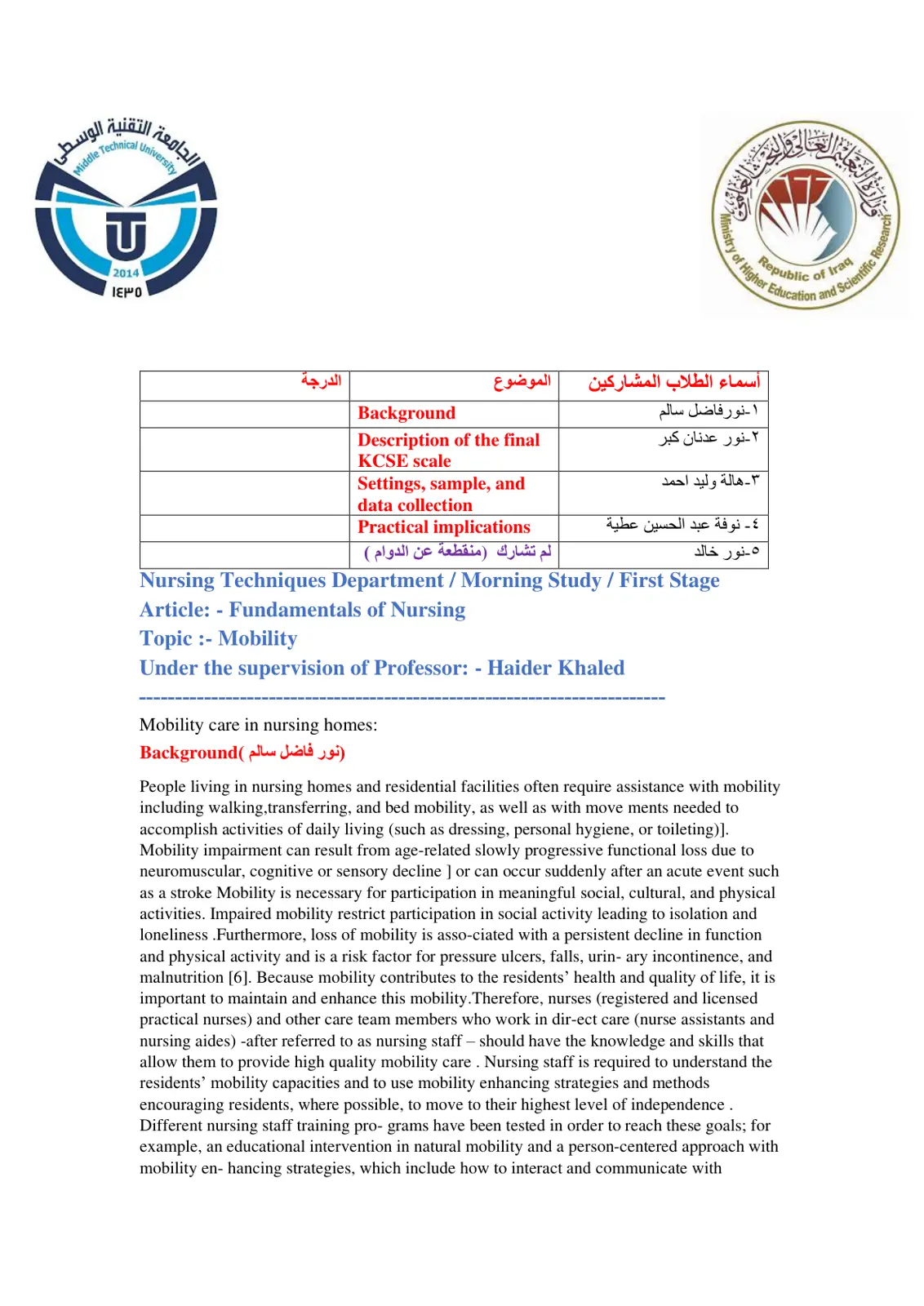 غلاف تقرير Mobility care in nursing homes