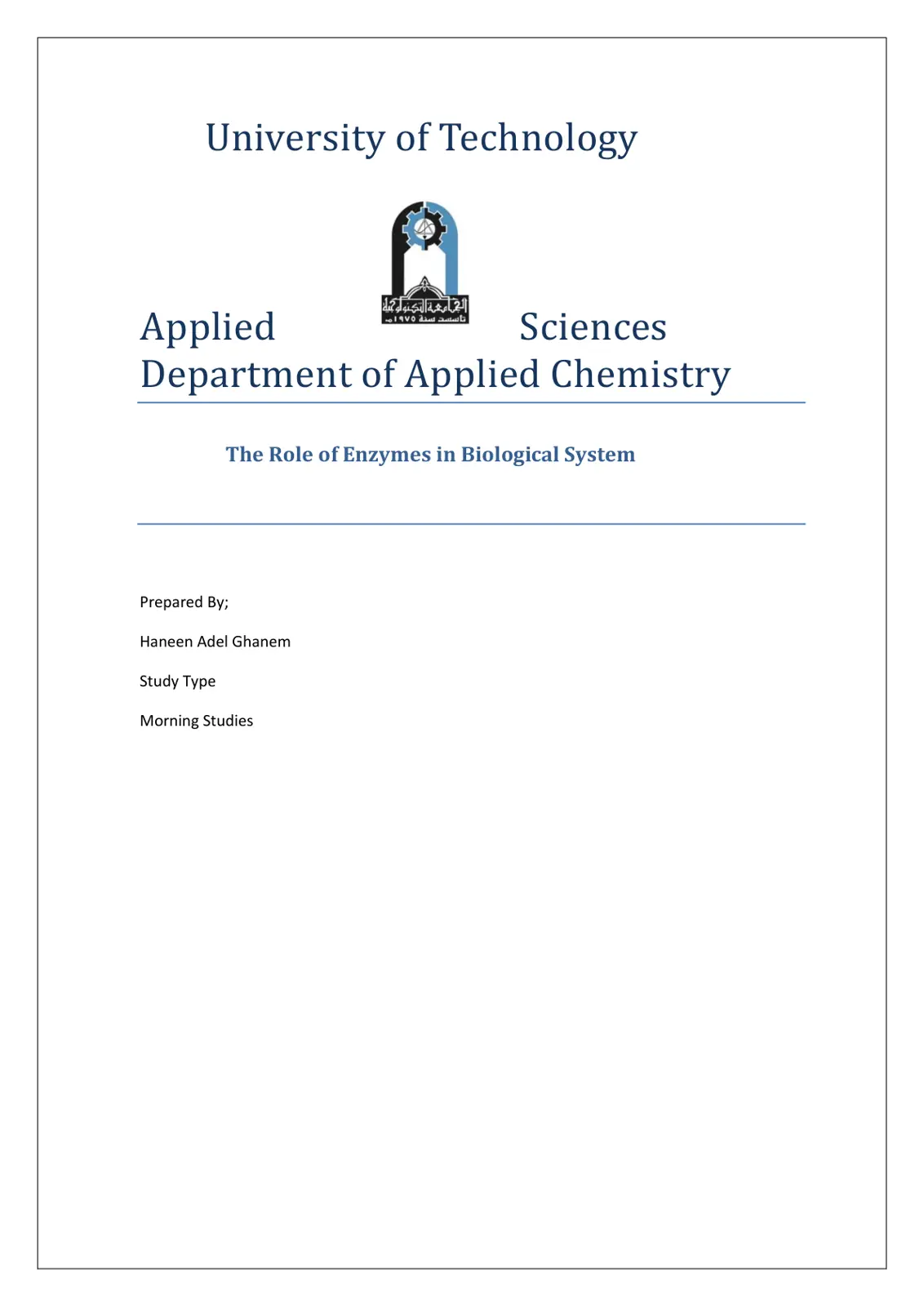 غلاف تقرير The Role of Enzymes in Biological System