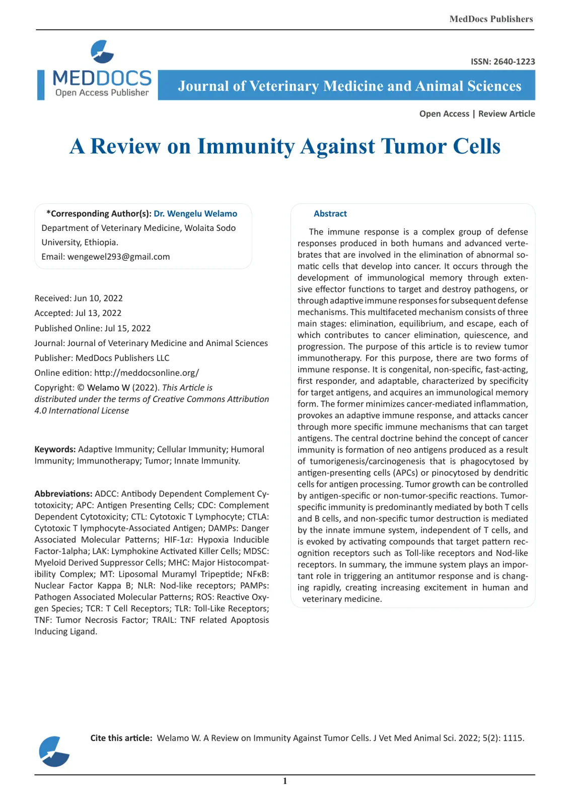 غلاف تقرير A Review on Immunity Against Tumor Cells