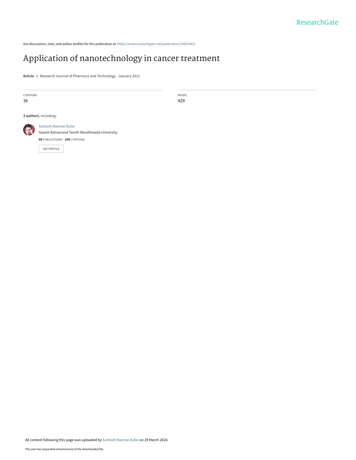 غلاف تقرير Application of nanotechnology in cancer treatment