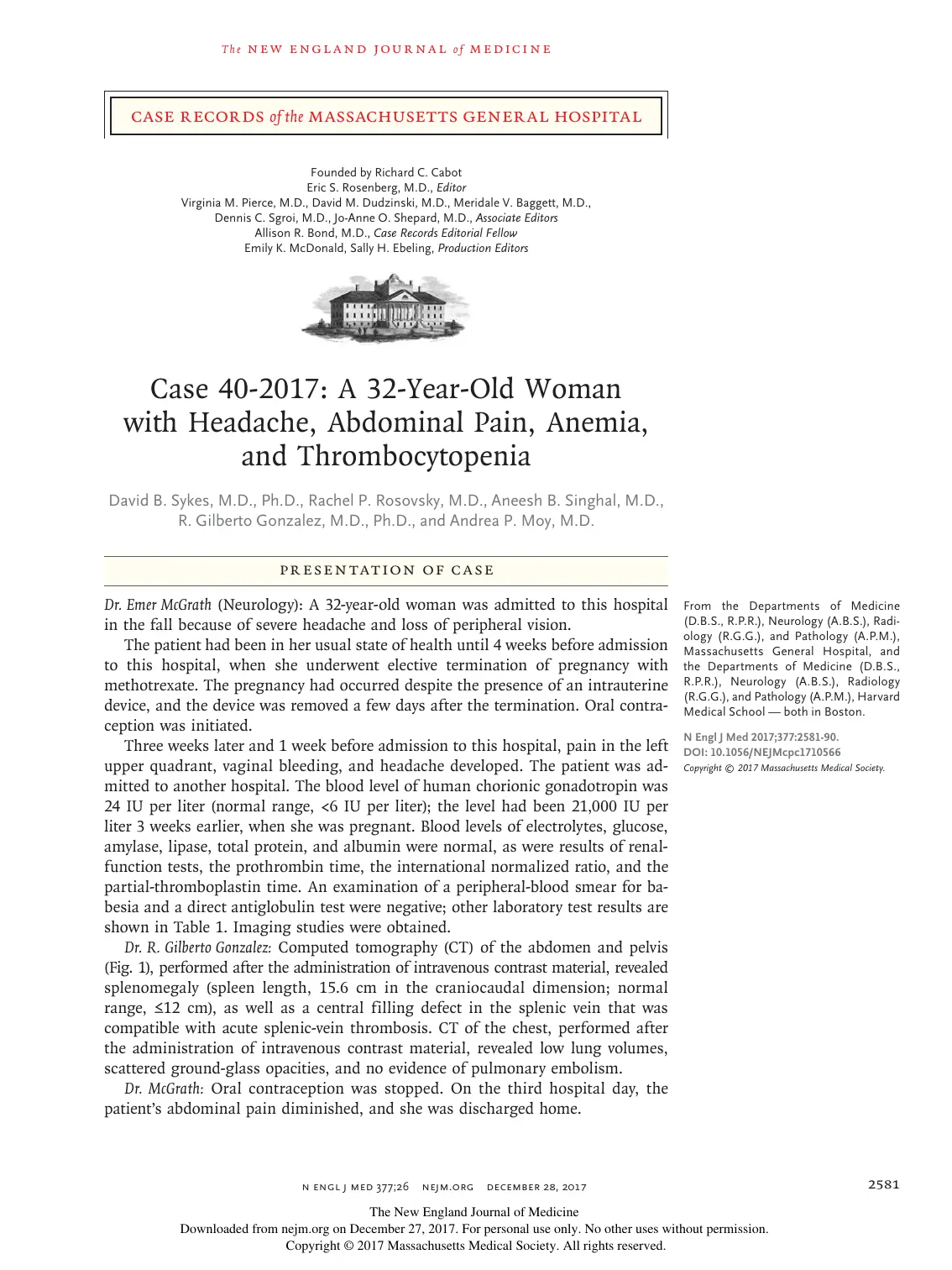 غلاف تقرير Case 40-2017: A 32-Year-Old Woman with Headache, Abdominal Pain, Anemia, and Thrombocytopenia