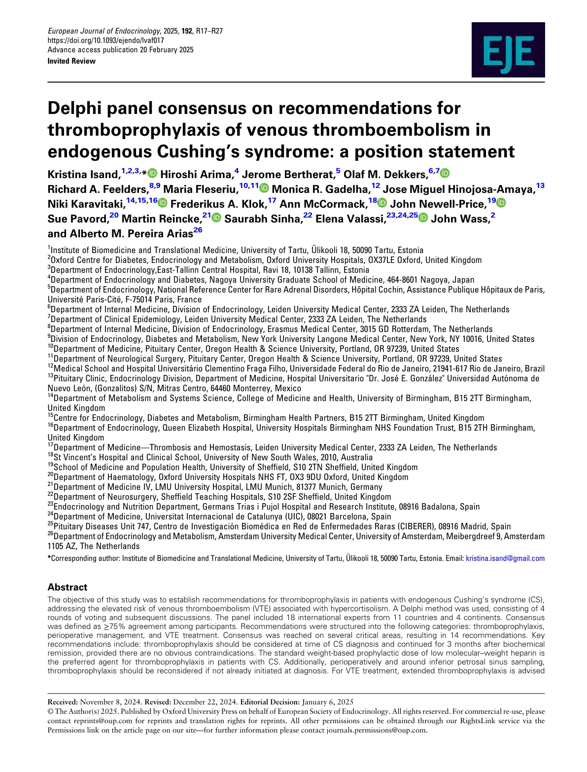 غلاف تقرير Delphi panel consensus on recommendations for thromboprophylaxis of venous thromboembolism in endogenous Cushing's syndrome: a position statement