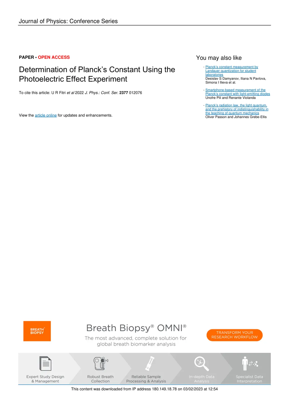 غلاف تقرير Determination of Planck's Constant Using the Photoelectric Effect Experiment