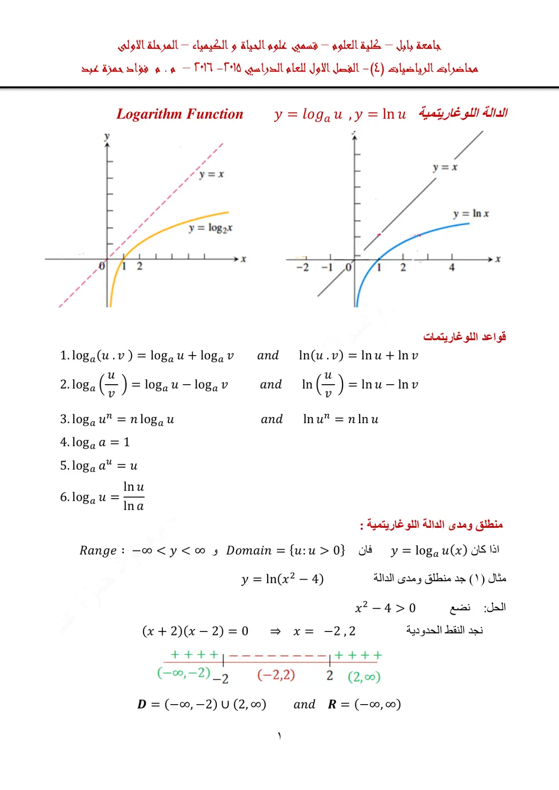 غلاف تقرير محاضرات الرياضيات (٤) - Logarithm Function - قواعد اللوغاريتمات