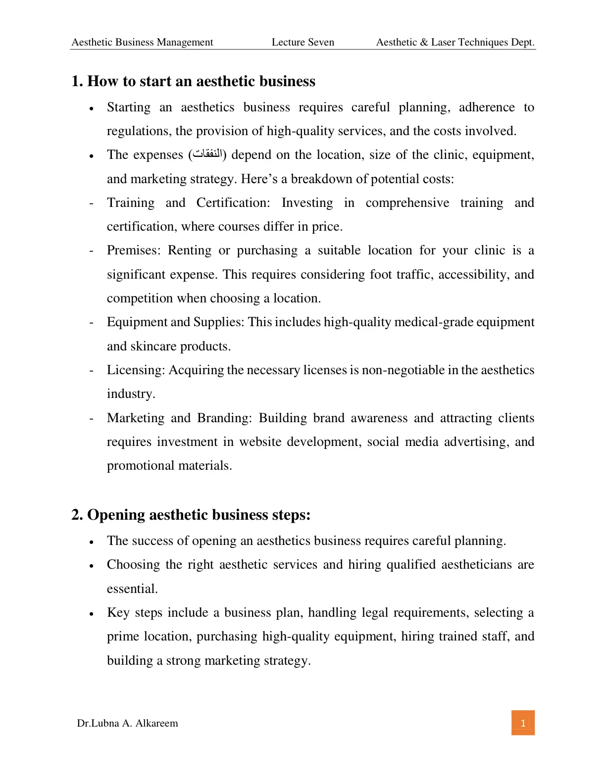 غلاف تقرير Aesthetic Business Management - Lecture Seven