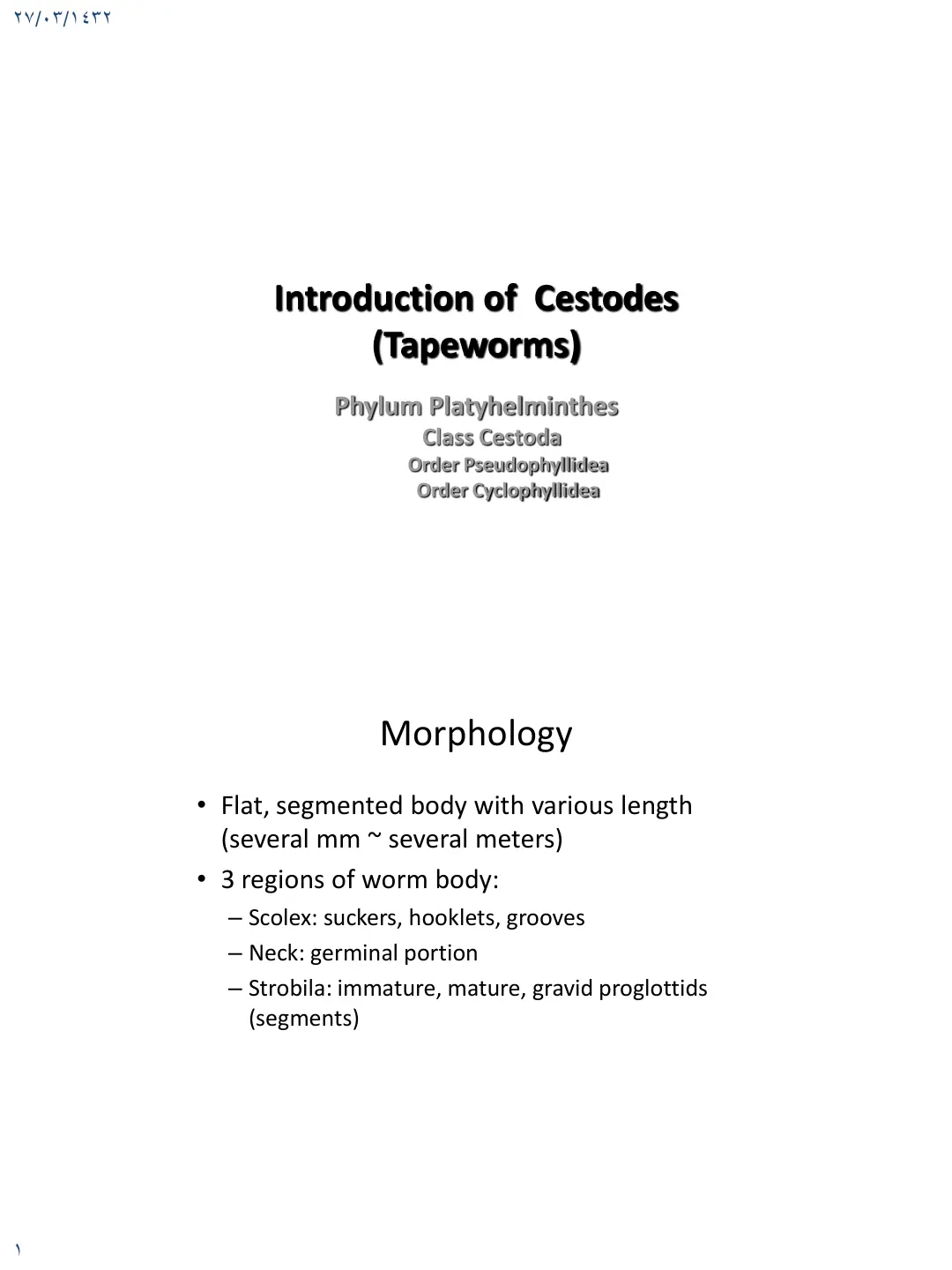 غلاف تقرير Introduction of Cestodes (Tapeworms)