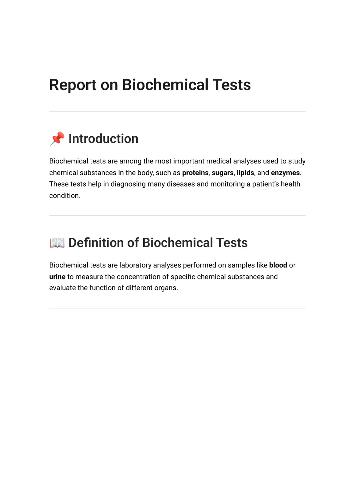 غلاف تقرير Report on Biochemical Tests