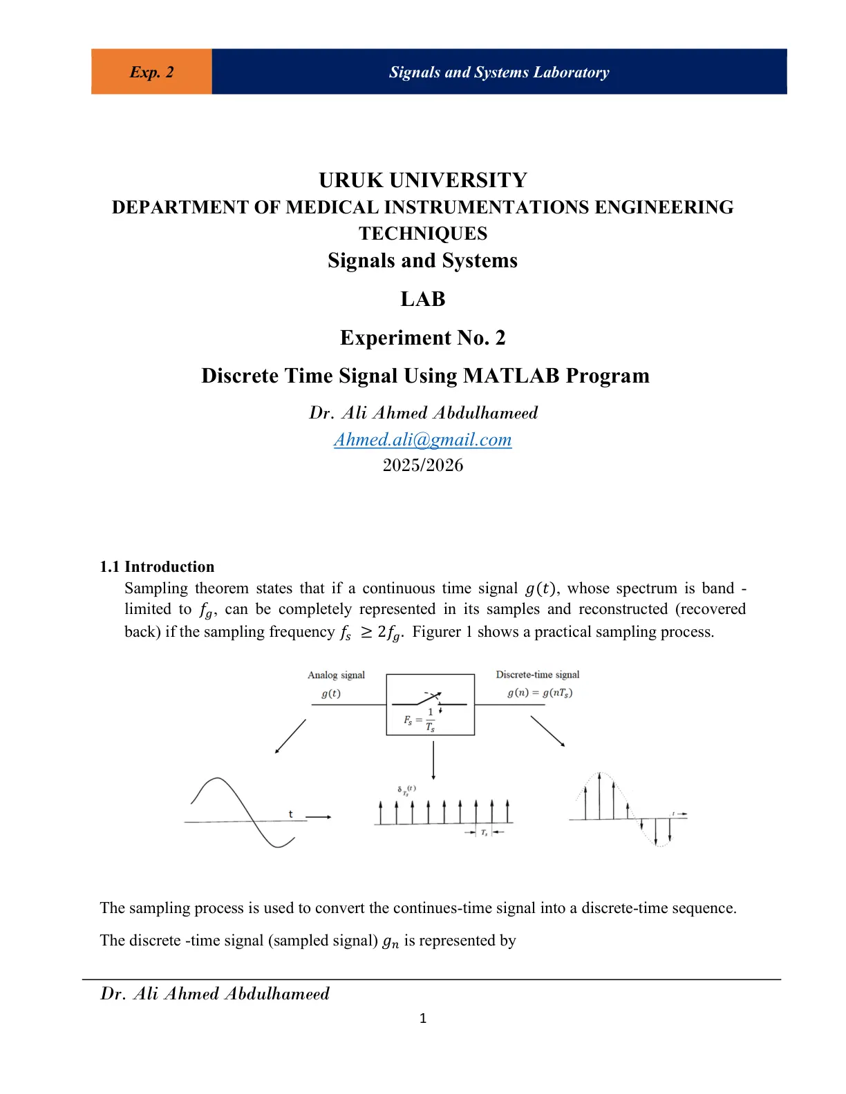 غلاف تقرير Discrete Time Signal Using MATLAB Program