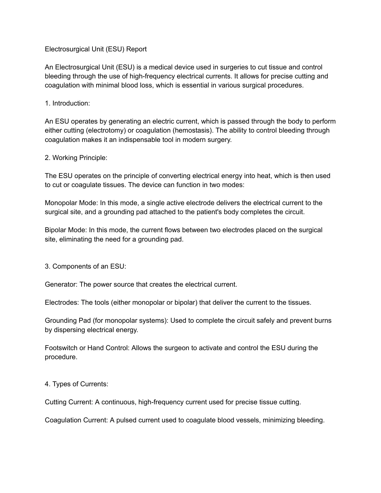 غلاف تقرير Electrosurgical Unit (ESU) Report