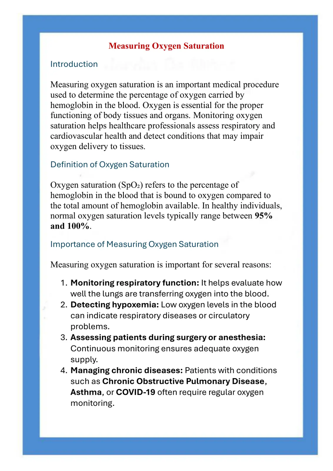 غلاف تقرير Measuring Oxygen Saturation