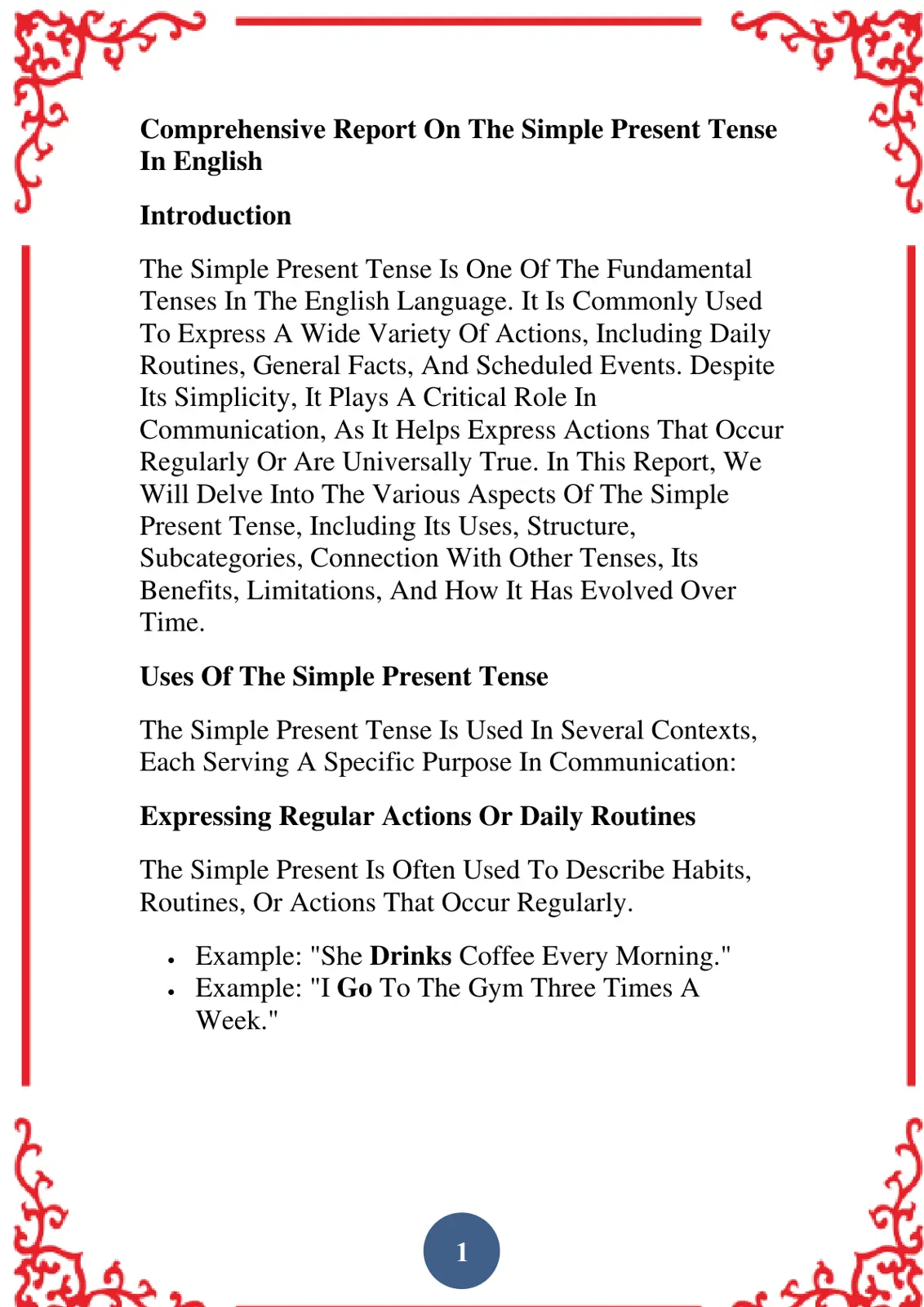غلاف تقرير Comprehensive Report On The Simple Present Tense