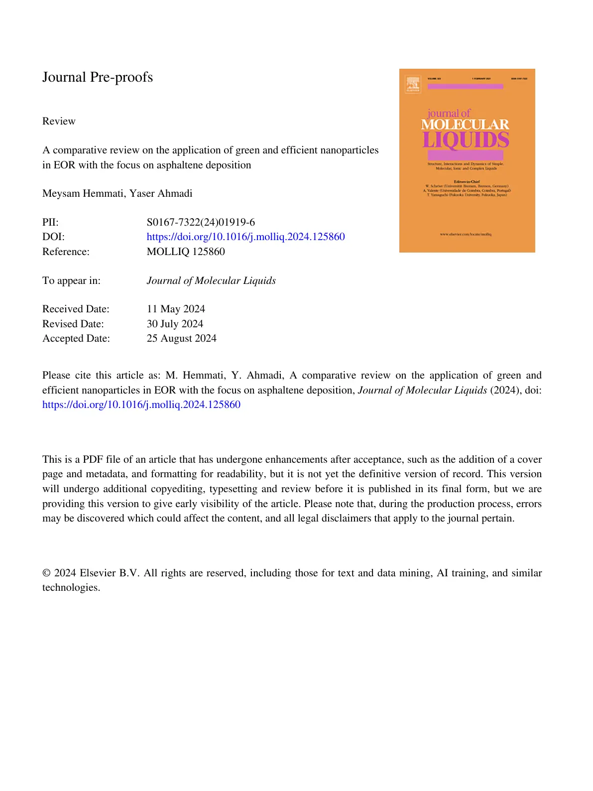 غلاف تقرير A comparative review on the application of green and efficient nanoparticles in EOR with the focus on asphaltene deposition