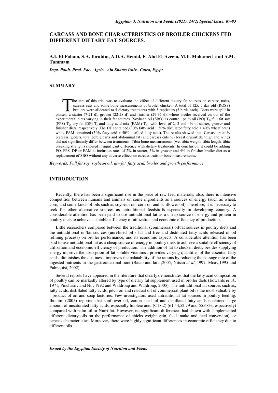 غلاف تقرير CARCASS AND BONE CHARACTERISTICS OF BROILER CHICKENS FED DIFFERENT DIETARY FAT SOURCES.