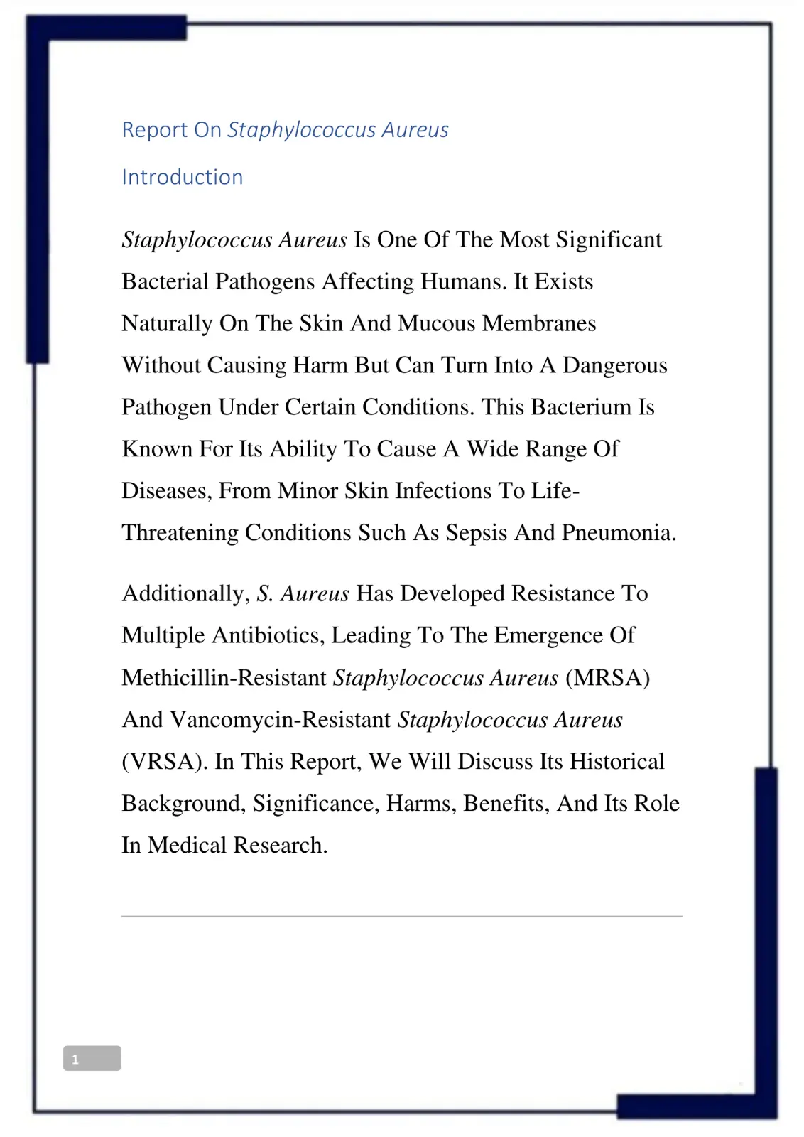 غلاف تقرير Report On Staphylococcus Aureus
