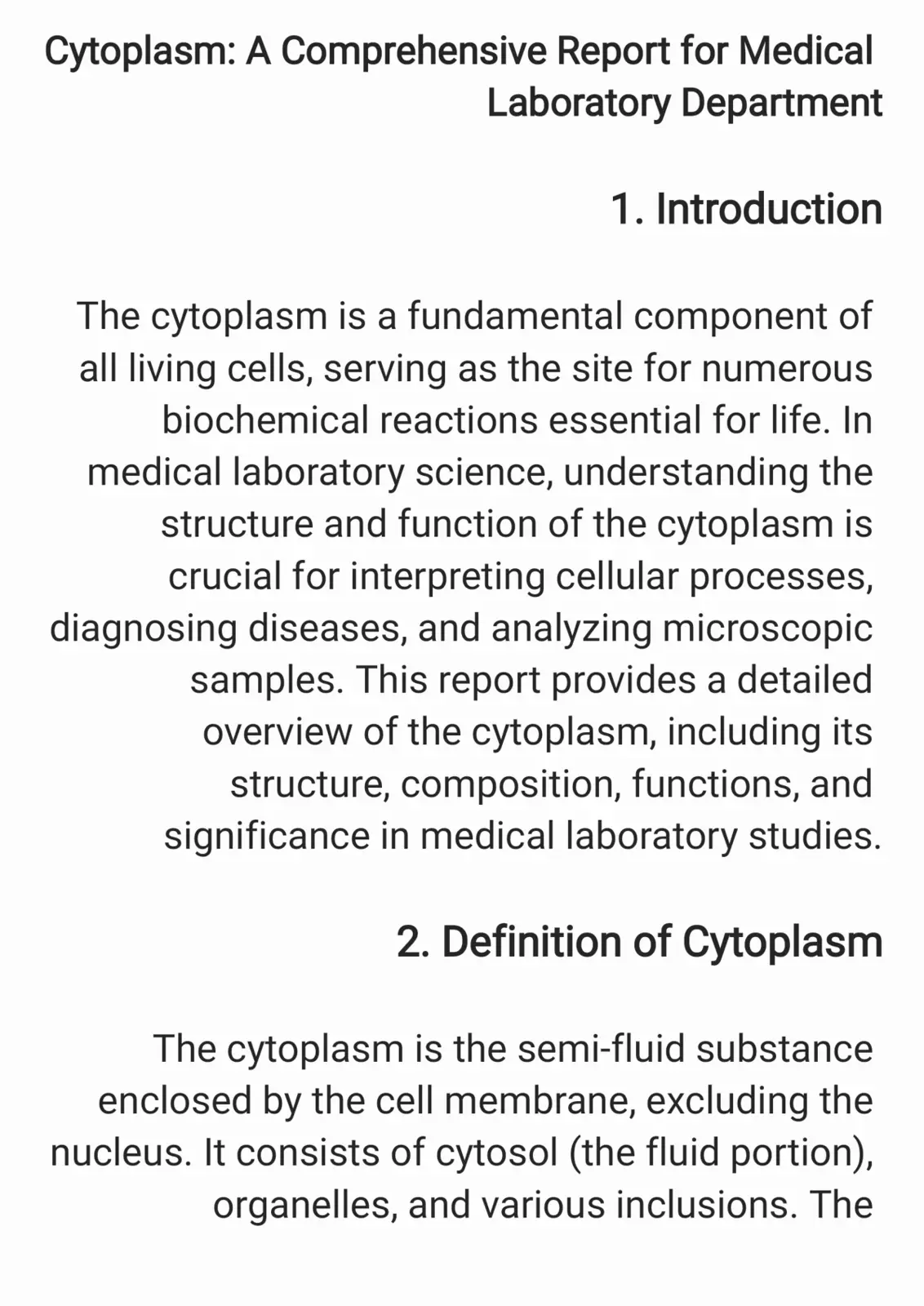 غلاف تقرير Cytoplasm: A Comprehensive Report for Medical Laboratory Department