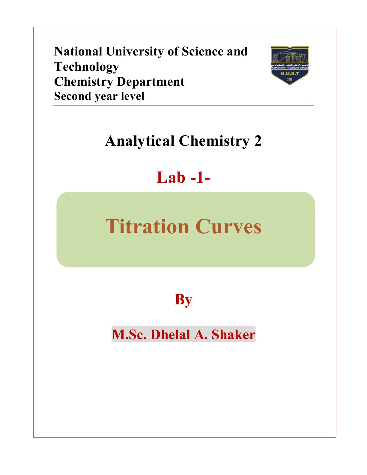 غلاف تقرير Analytical Chemistry 2 - Lab: Titration Curves