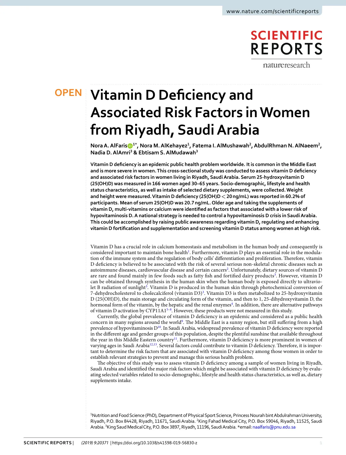 غلاف تقرير Vitamin D Deficiency and Associated Risk Factors in Women from Riyadh, Saudi Arabia