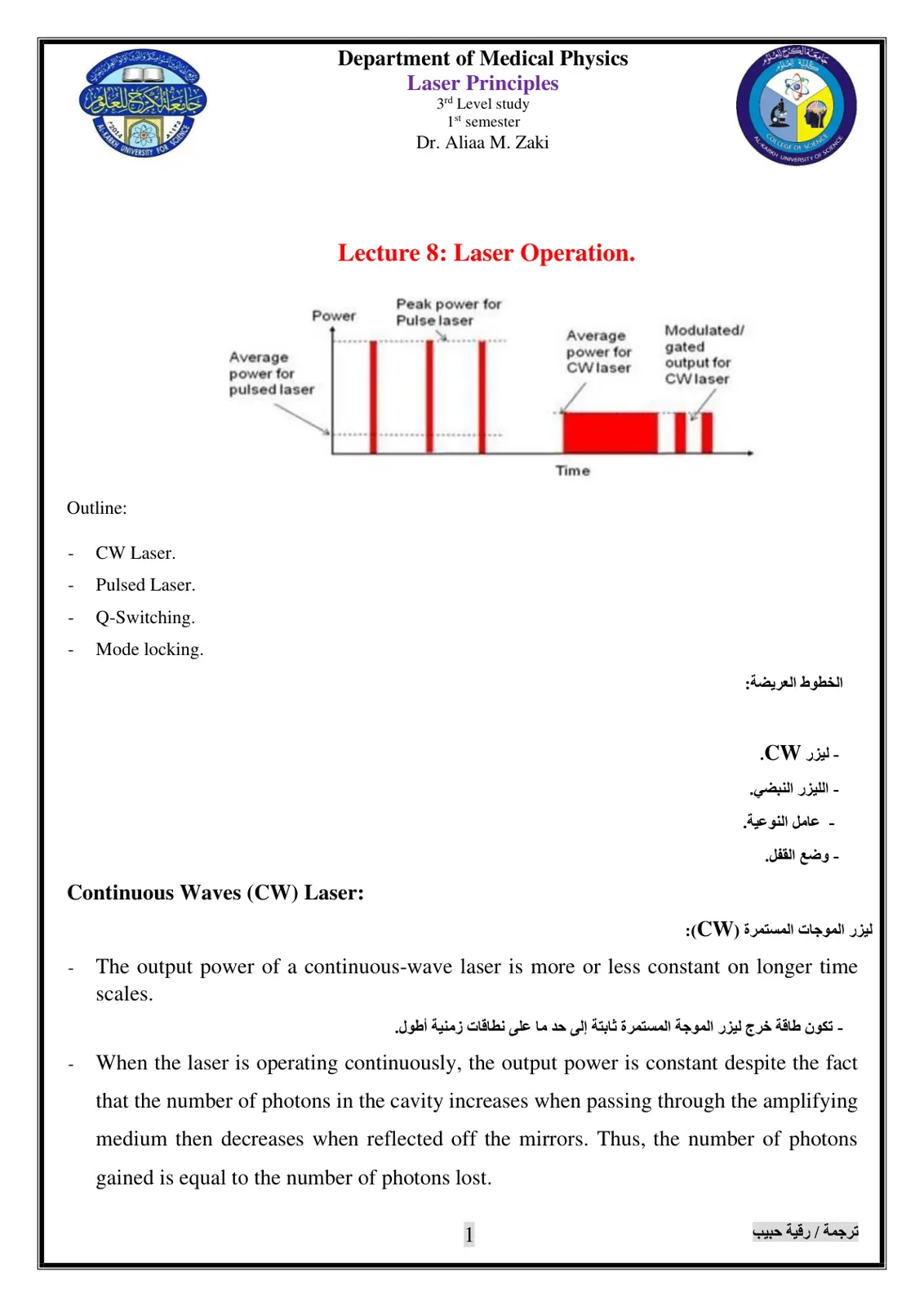 غلاف تقرير Laser Principles - Lecture 8: Laser Operation.