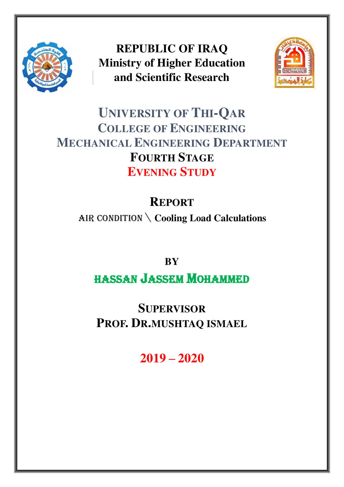 غلاف تقرير AIR CONDITION - Cooling Load Calculations
