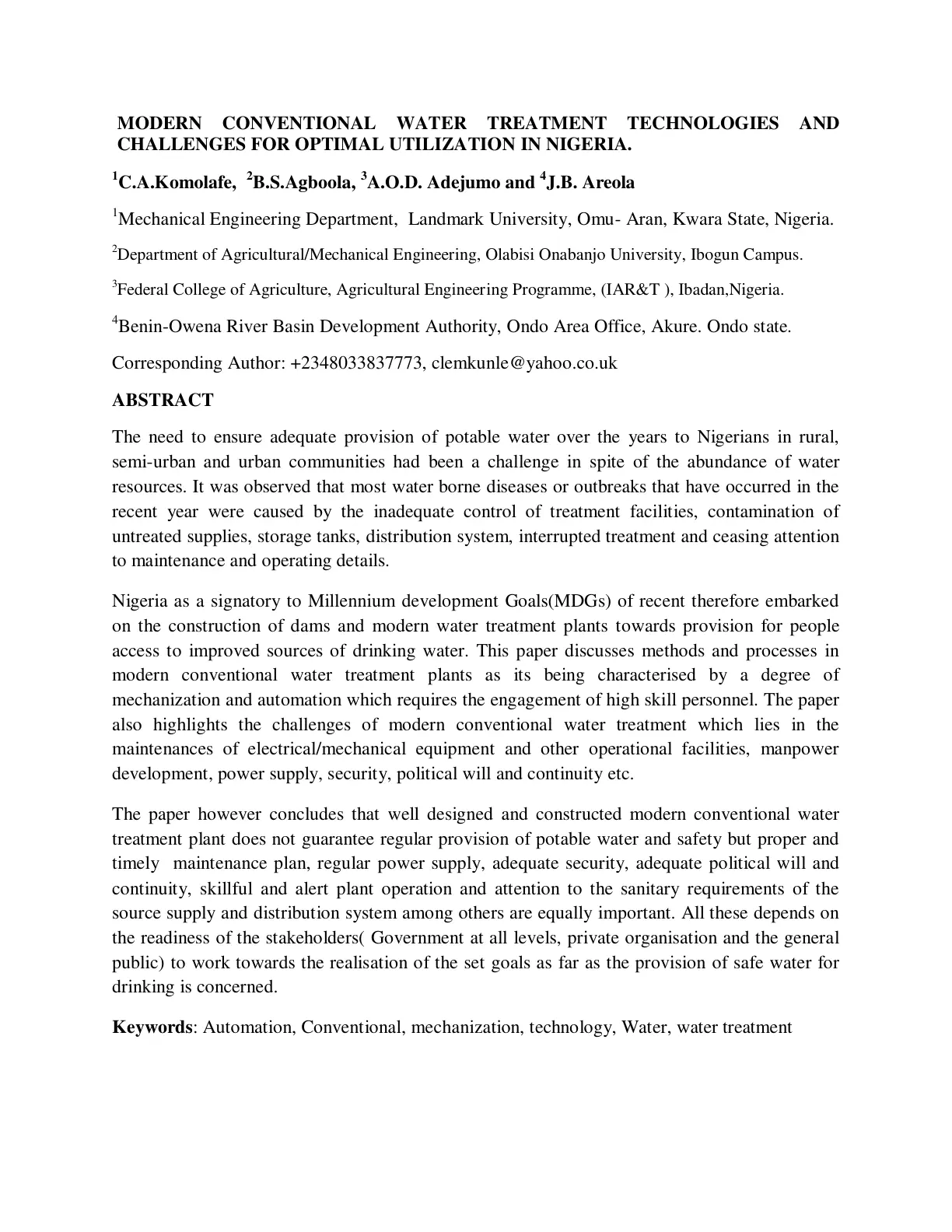 غلاف تقرير MODERN CONVENTIONAL WATER TREATMENT TECHNOLOGIES: CHALLENGES FOR OPTIMAL UTILIZATION IN NIGERIA