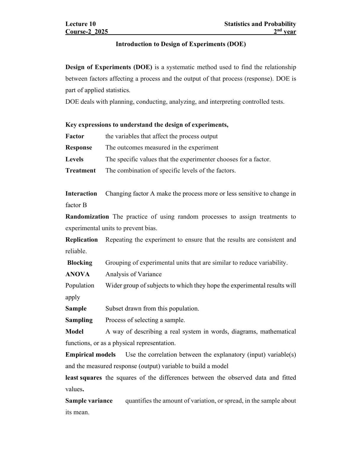 غلاف تقرير Lecture 10: Introduction to Design of Experiments (DOE)
