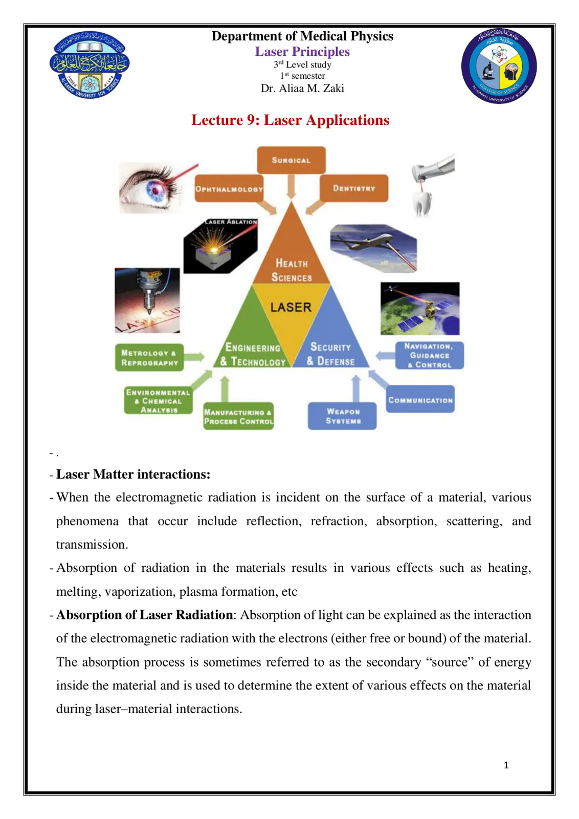 غلاف تقرير Lecture 9: Laser Applications